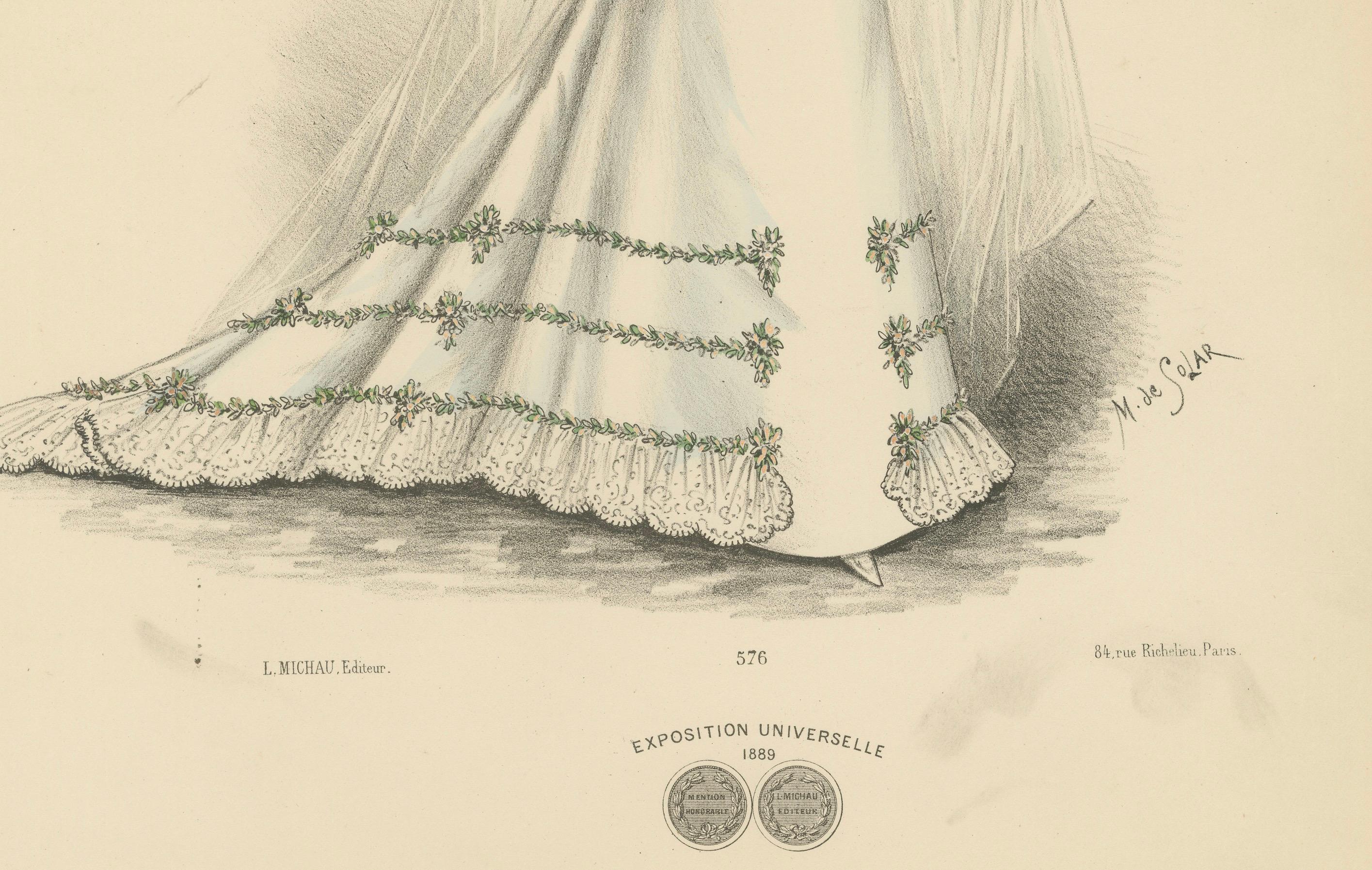 Paper Victorian Bridal Elegance: Exquisite Wedding Gowns in Lithograph, 1889 For Sale