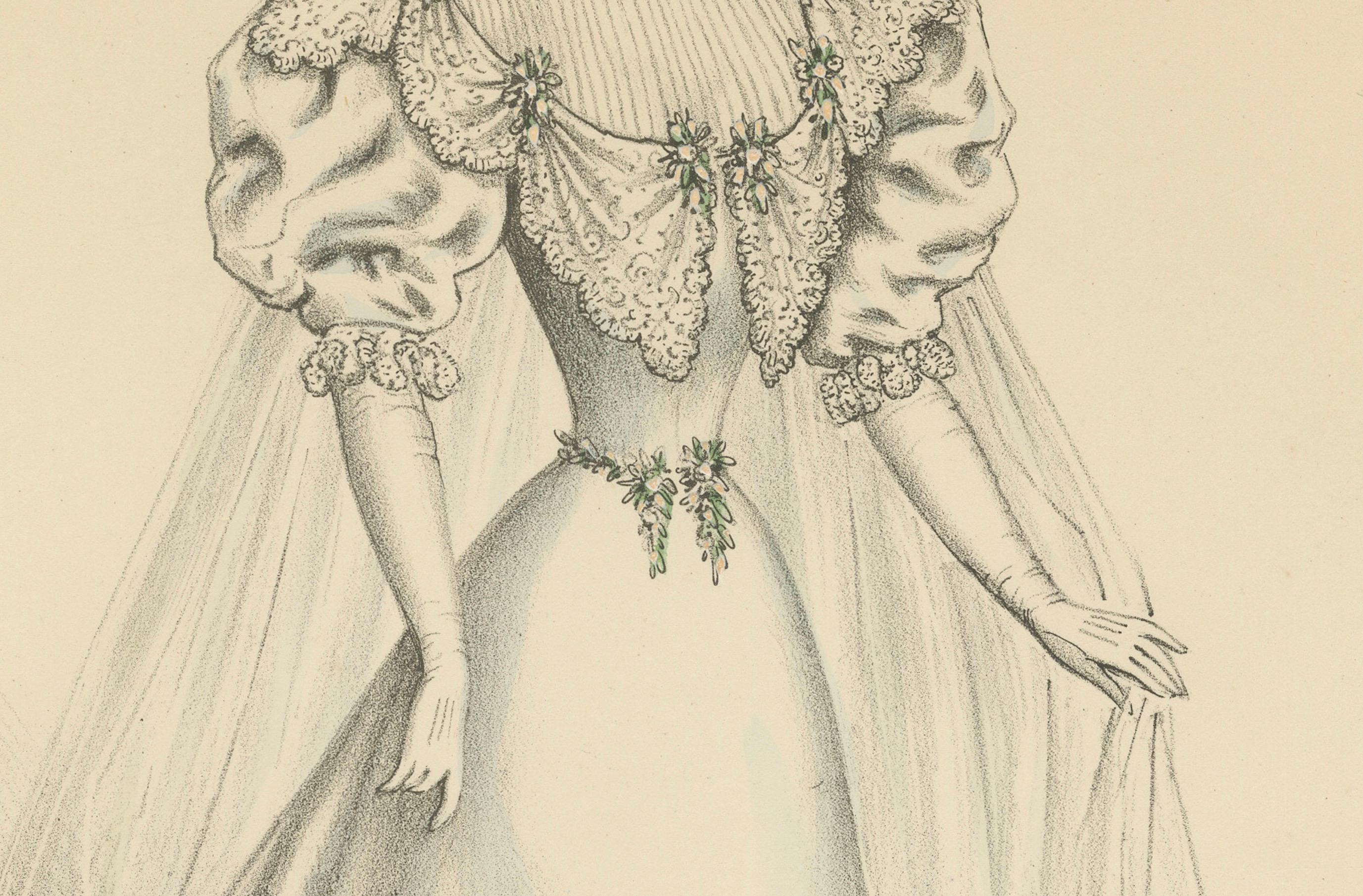 Victorian Bridal Elegance: Exquisite Wedding Gowns in Lithograph, 1889 For Sale 1