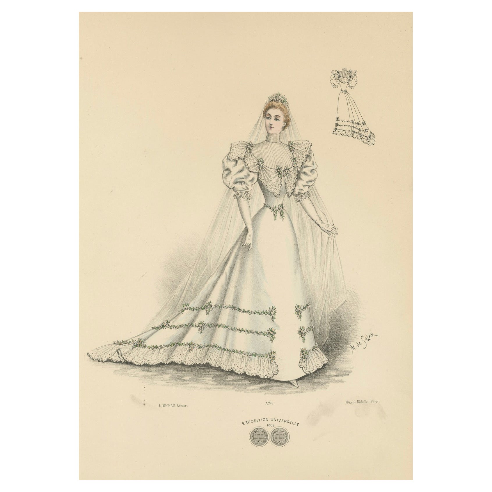 Viktorianische Eleganz für Bräute: Exquisite Hochzeitskleider in Lithographie, 1889 im Angebot