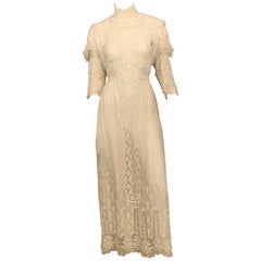 Victorian Bright White High Neck Lace and Embroidered Handkerchief Linen Dress