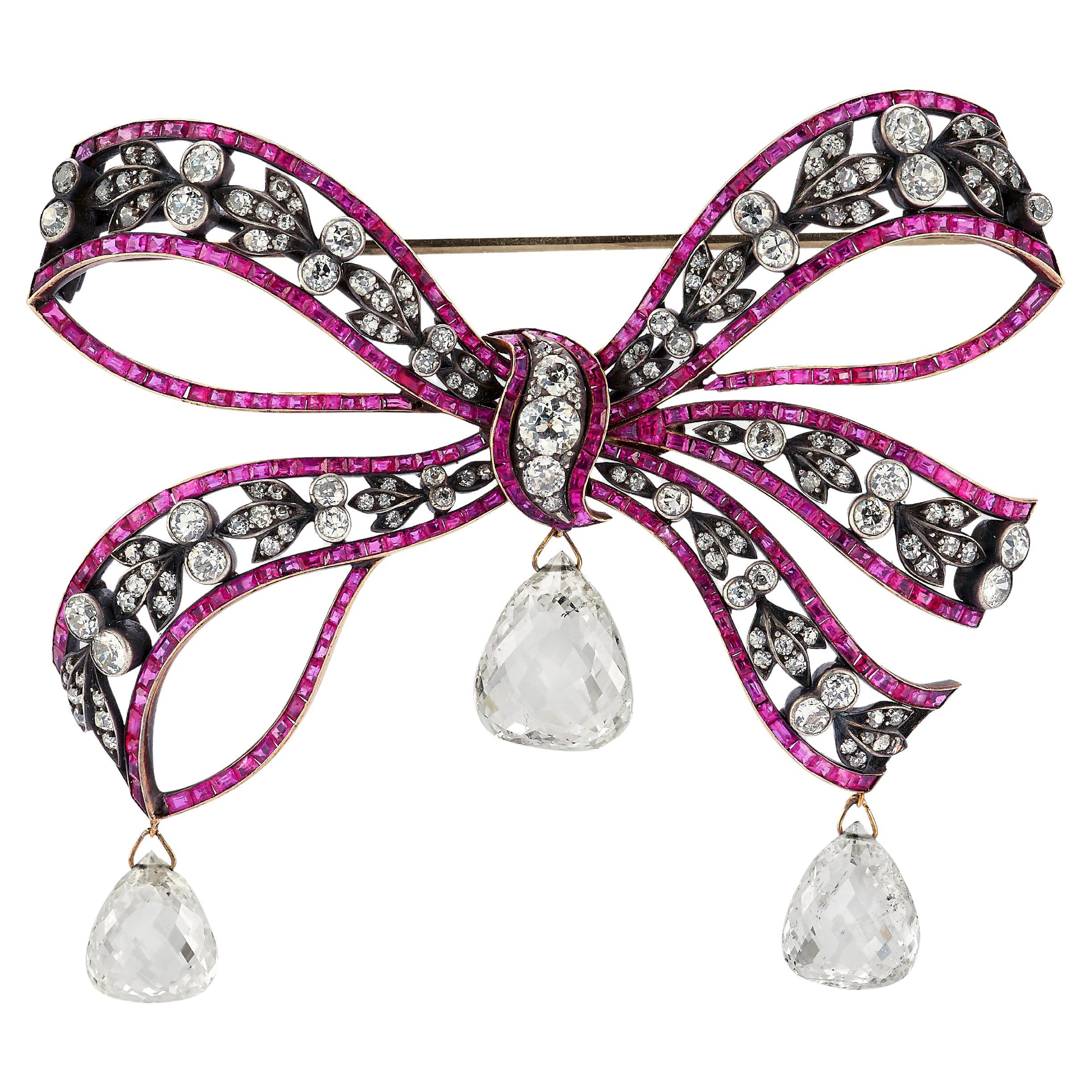 Victorian Briolette Diamond Bow Brooch