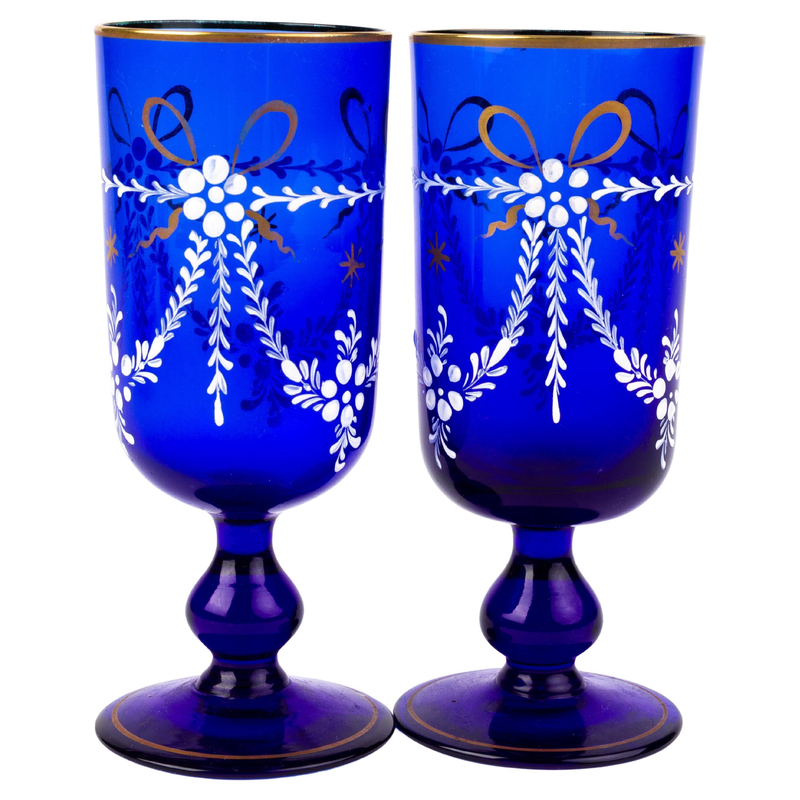 Victorian Bristol Blue Enamel Painted Glasses 19th Century