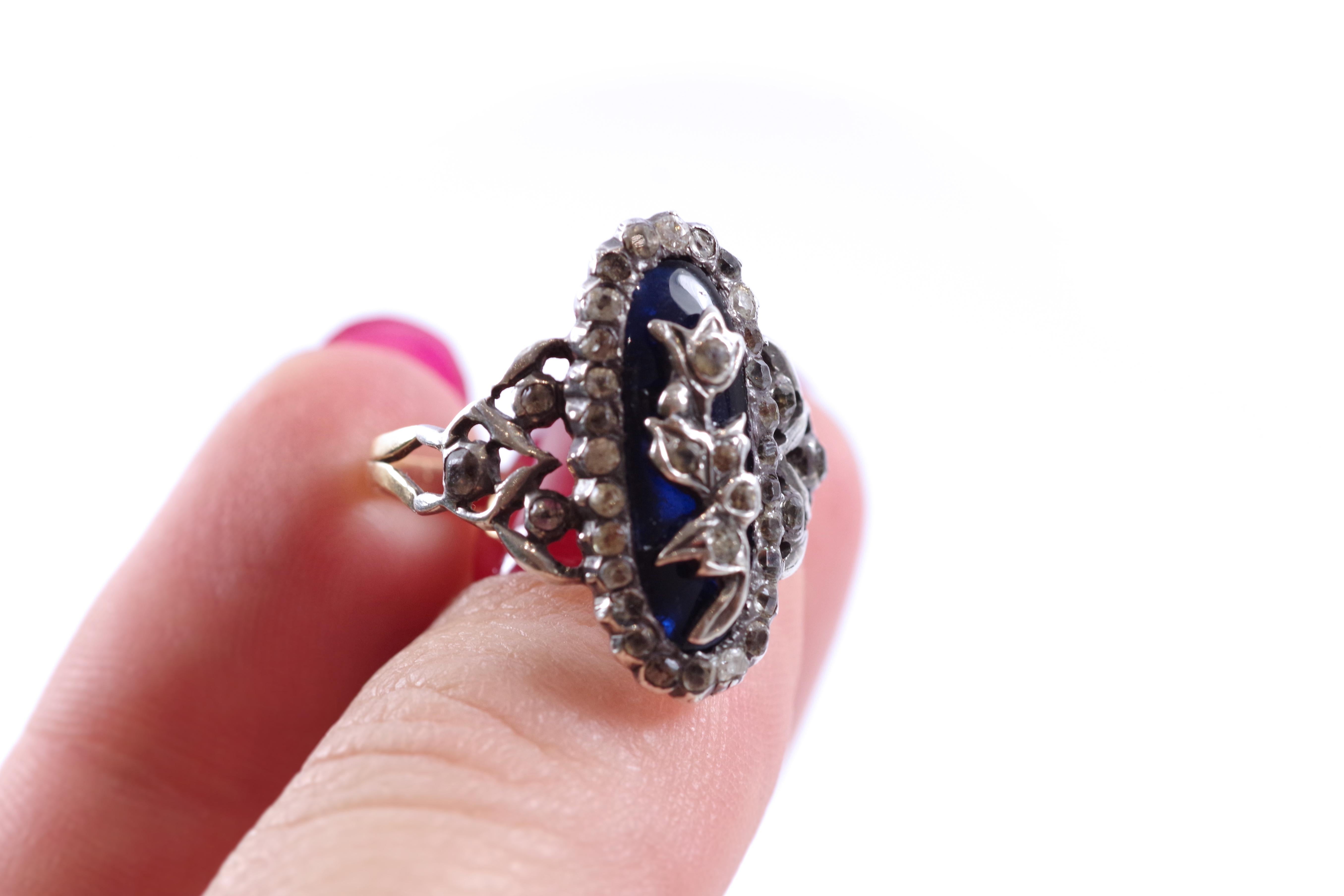 Women's Victorian bristol blue ring in 18 karat rose gold and silver For Sale