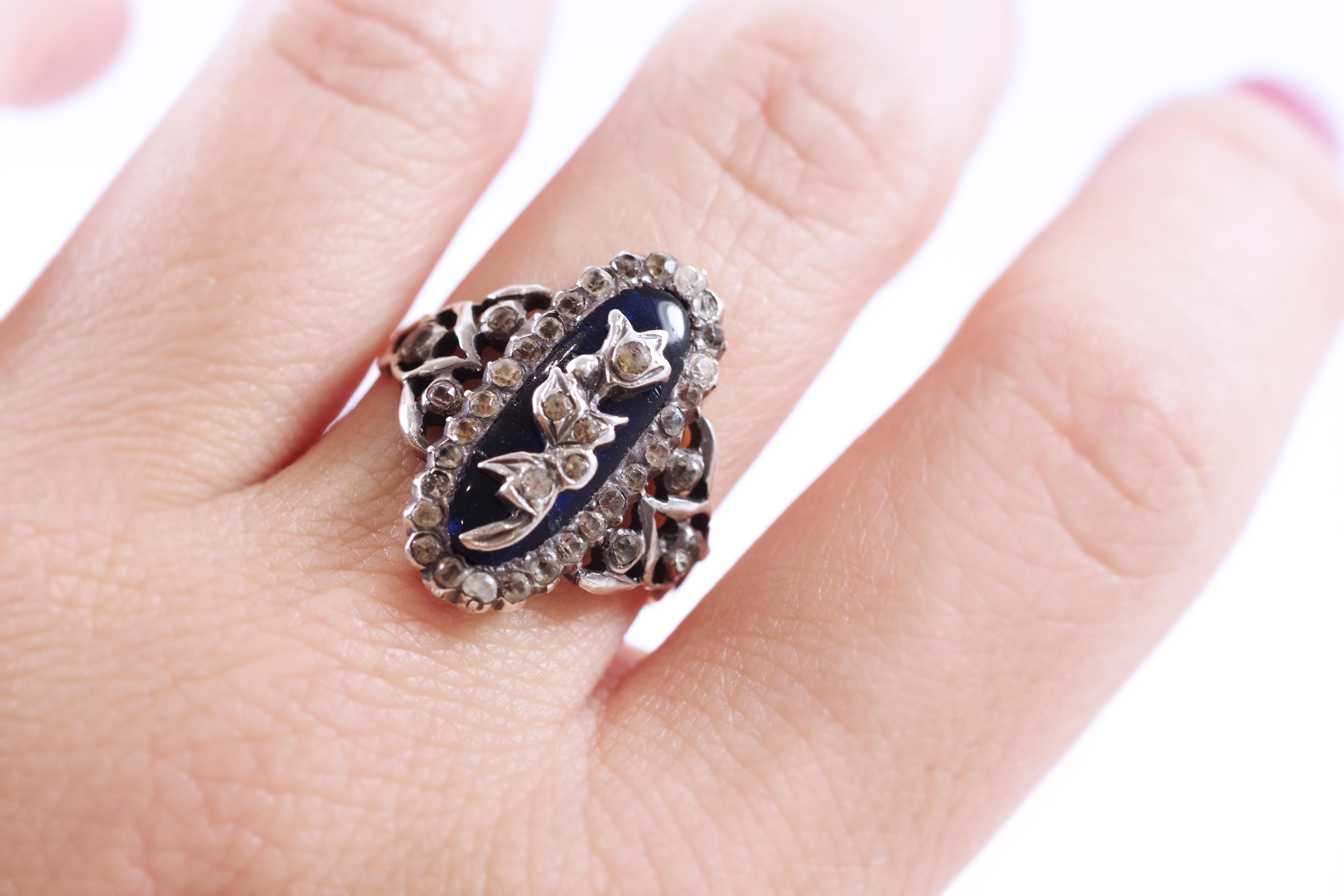 Victorian bristol blue ring in 18 karat rose gold and silver For Sale 1