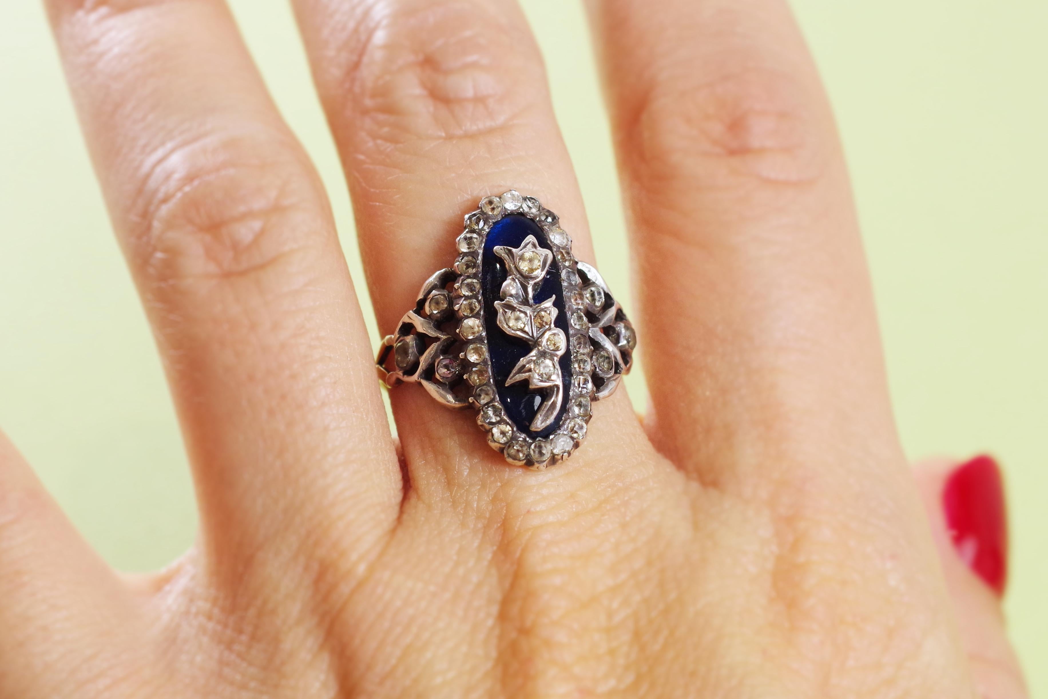 Victorian bristol blue ring in 18 karat rose gold and silver For Sale 4