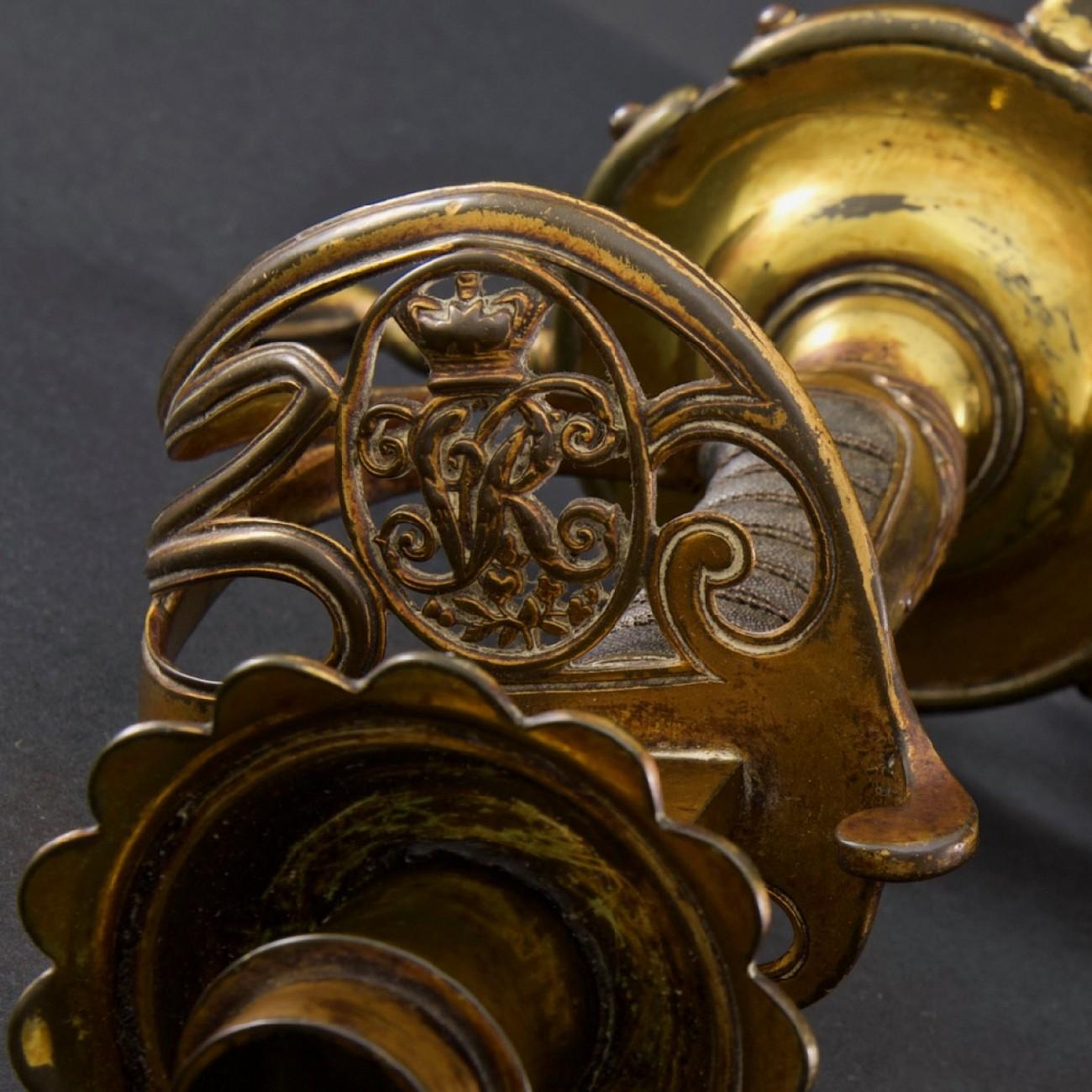 Early 20th Century Victorian British Army Sword Hilt Candlesticks with Royal Monogram, circa 1905