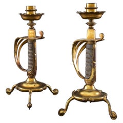 Antique Victorian British Army Sword Hilt Candlesticks with Royal Monogram, circa 1905