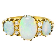 Victorian British Opal Diamond 18 Karat Yellow Gold Belcher Three Stone Ring