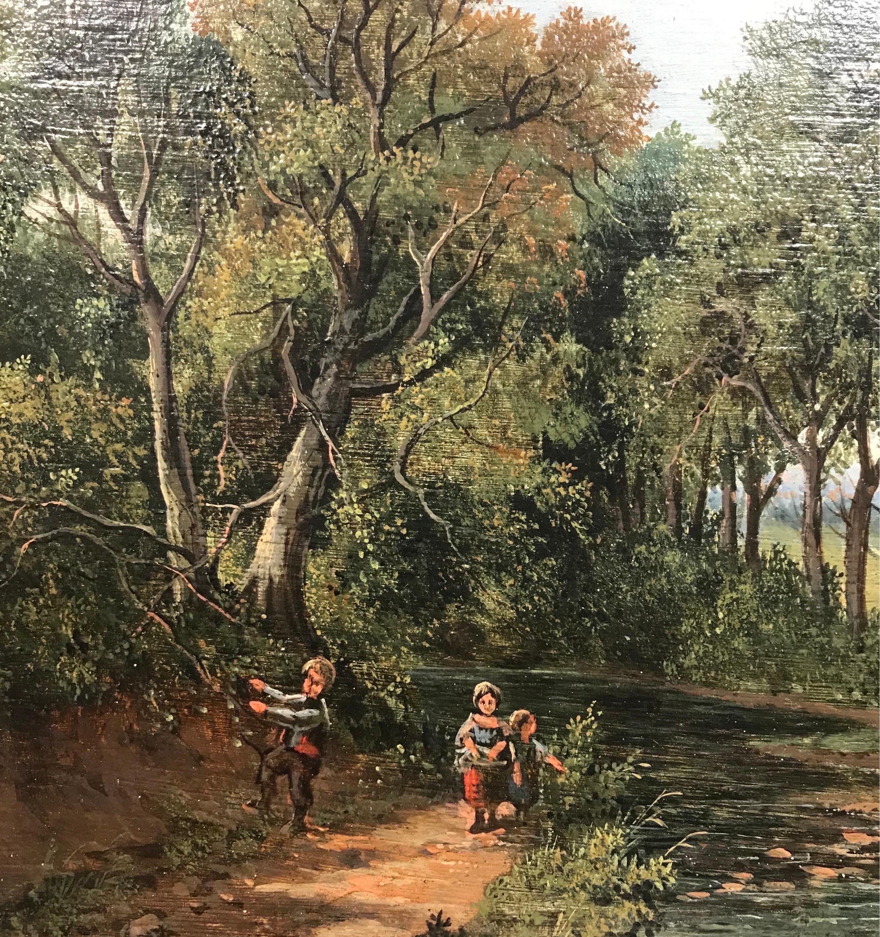 Fine Early Victorian Oil Painting Children Playing by Stream Village Landscape 1