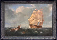 Huge Victorian Marine Oil Painting Sailing Choppy Seas Three Masted Ship 1800's