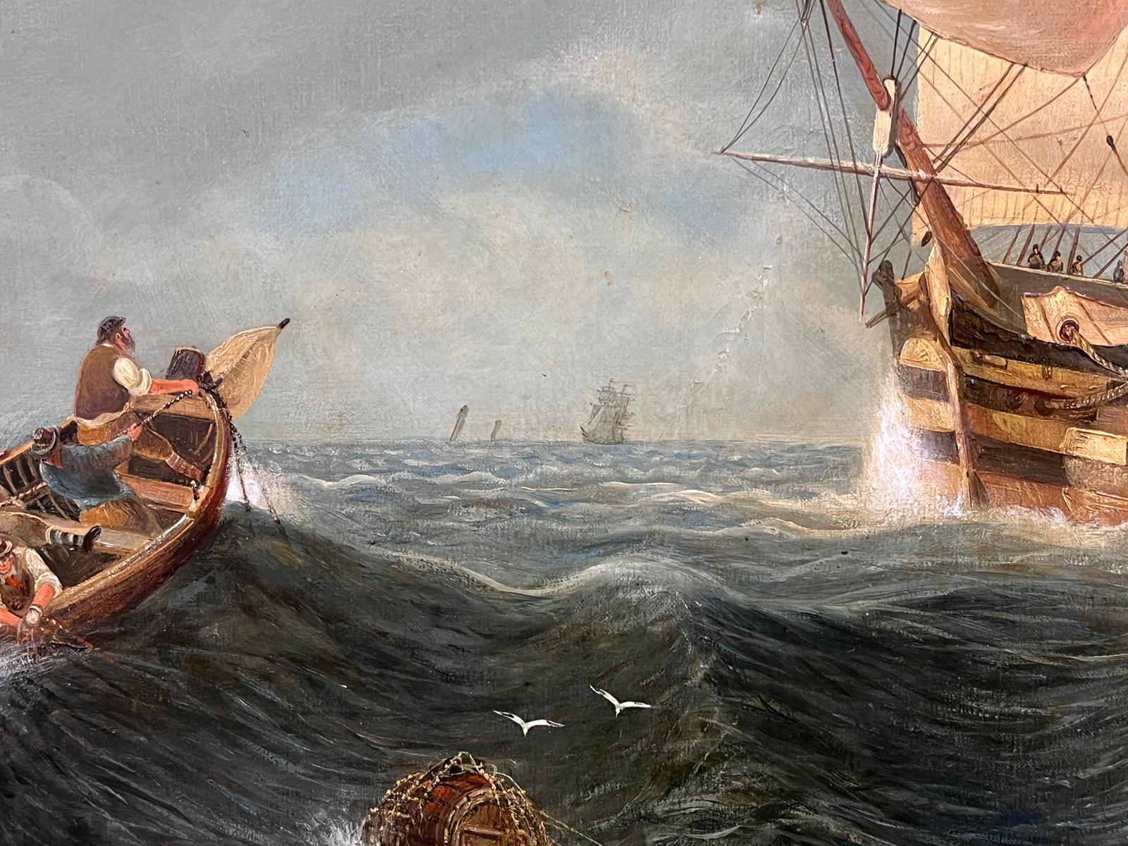 Huge Victorian Marine Oil Painting Sailing Choppy Seas Three Masted Ship 1800's 1