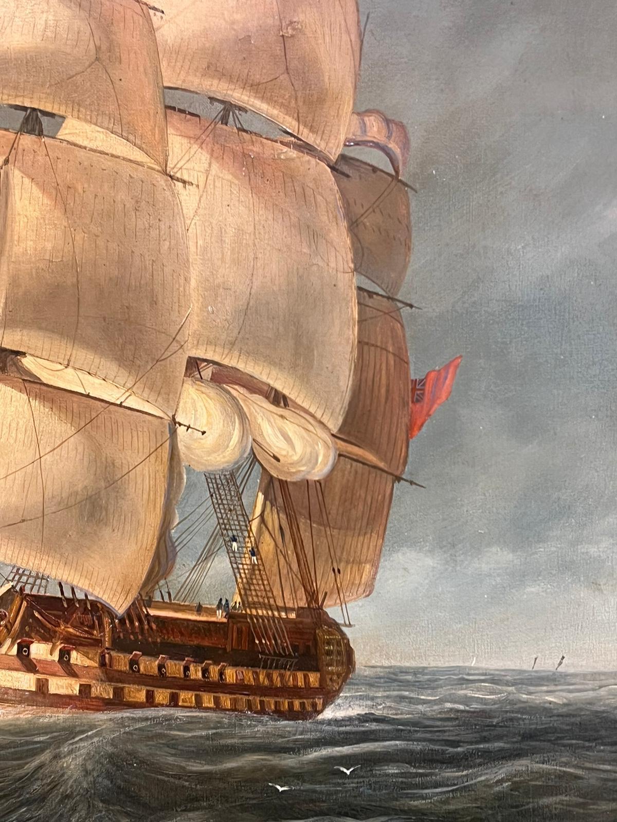 Huge Victorian Marine Oil Painting Sailing Choppy Seas Three Masted Ship 1800's 3