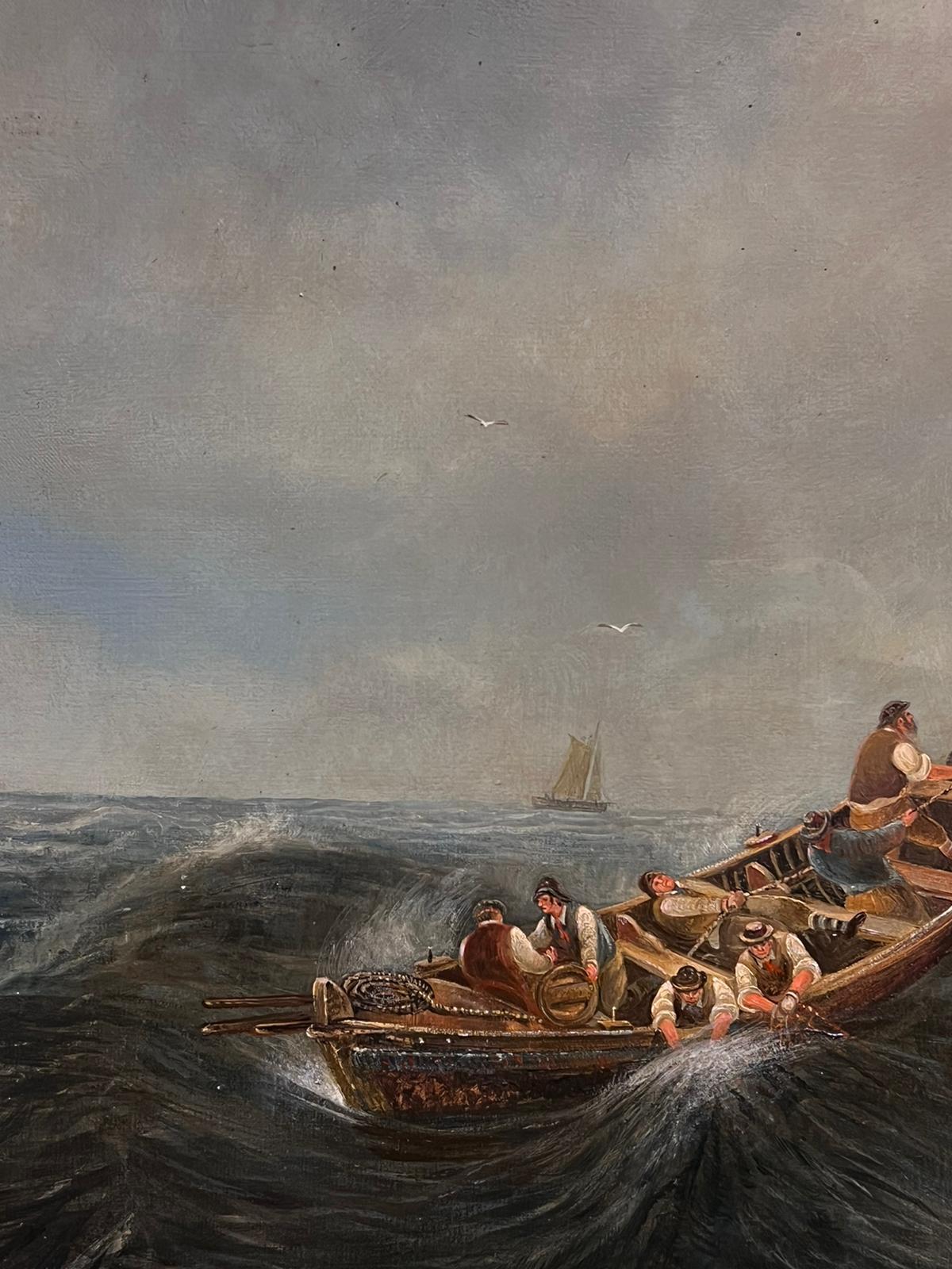 Huge Victorian Marine Oil Painting Sailing Choppy Seas Three Masted Ship 1800's 4