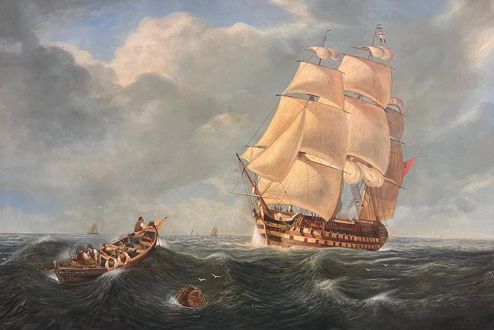 Victorian British Figurative Painting - Huge Victorian Marine Oil Painting Sailing Choppy Seas Three Masted Ship 1800's