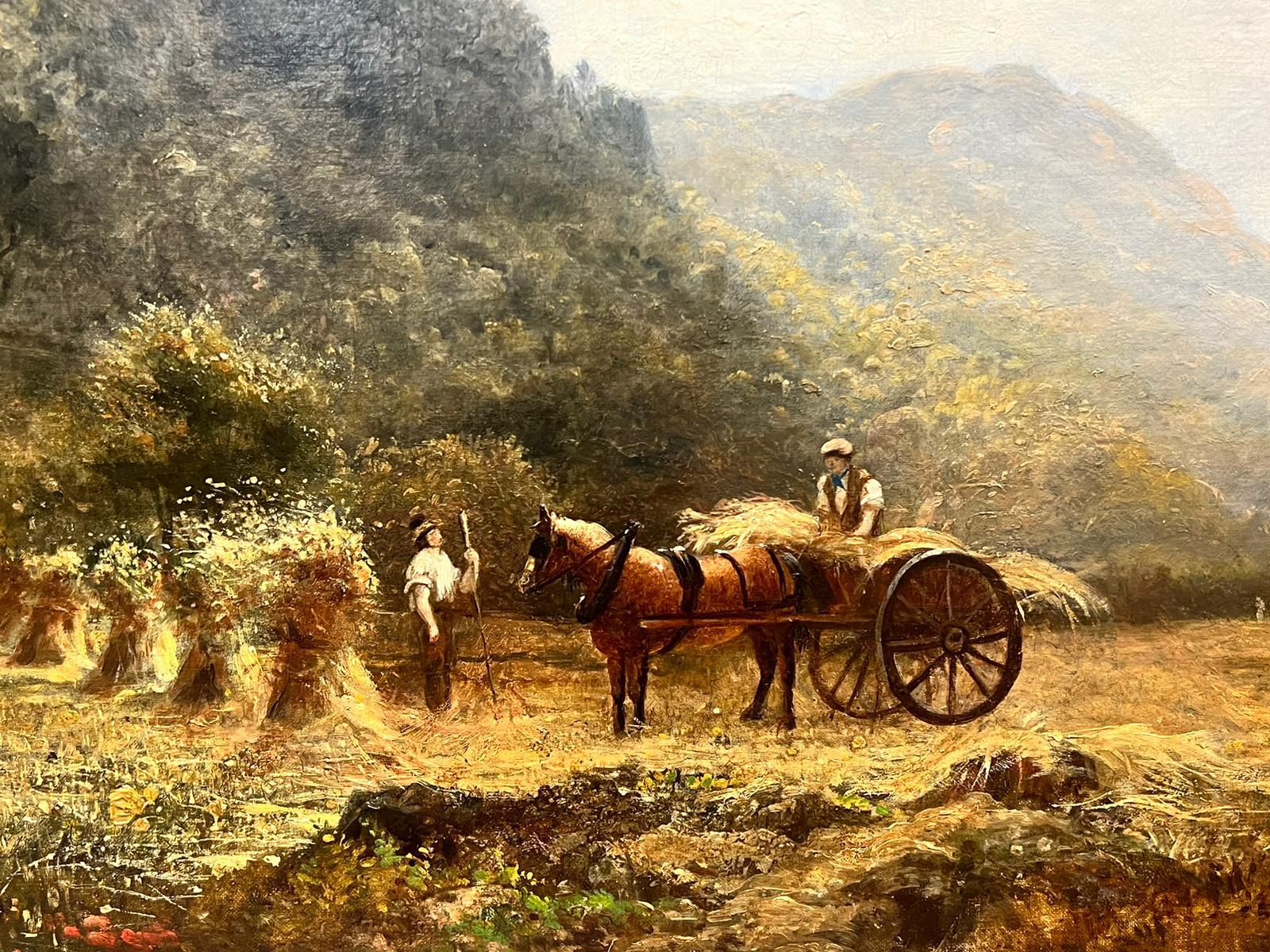 Very Large Victorian Signed Oil Painting The Harvest Fields Wheatsheaves & Cart For Sale 1