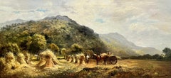Very Large Victorian Signed Oil Painting The Harvest Fields Wheatsheaves & Cart
