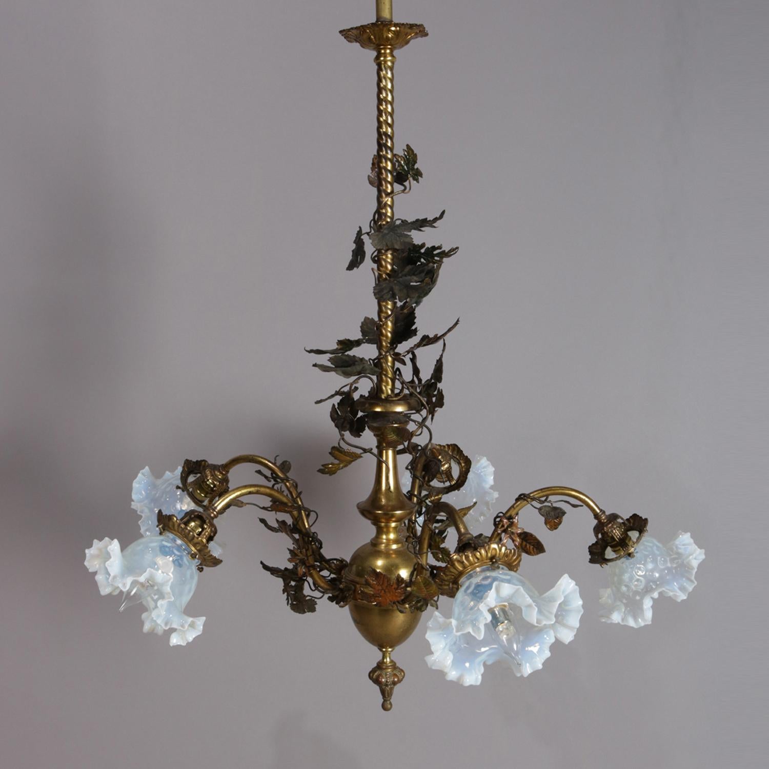 American Victorian Bronze and Brass Foliate Form Chandelier with Opalescent Shades