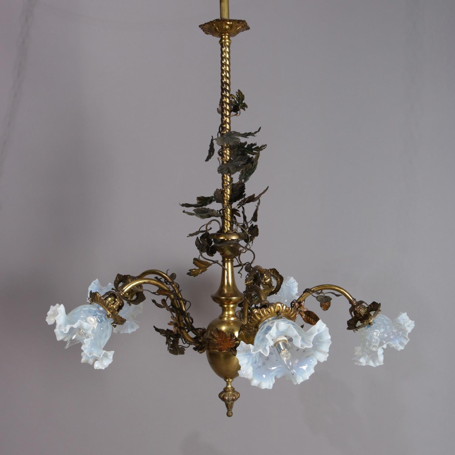 Victorian Bronze and Brass Foliate Form Chandelier with Opalescent Shades In Good Condition In Big Flats, NY
