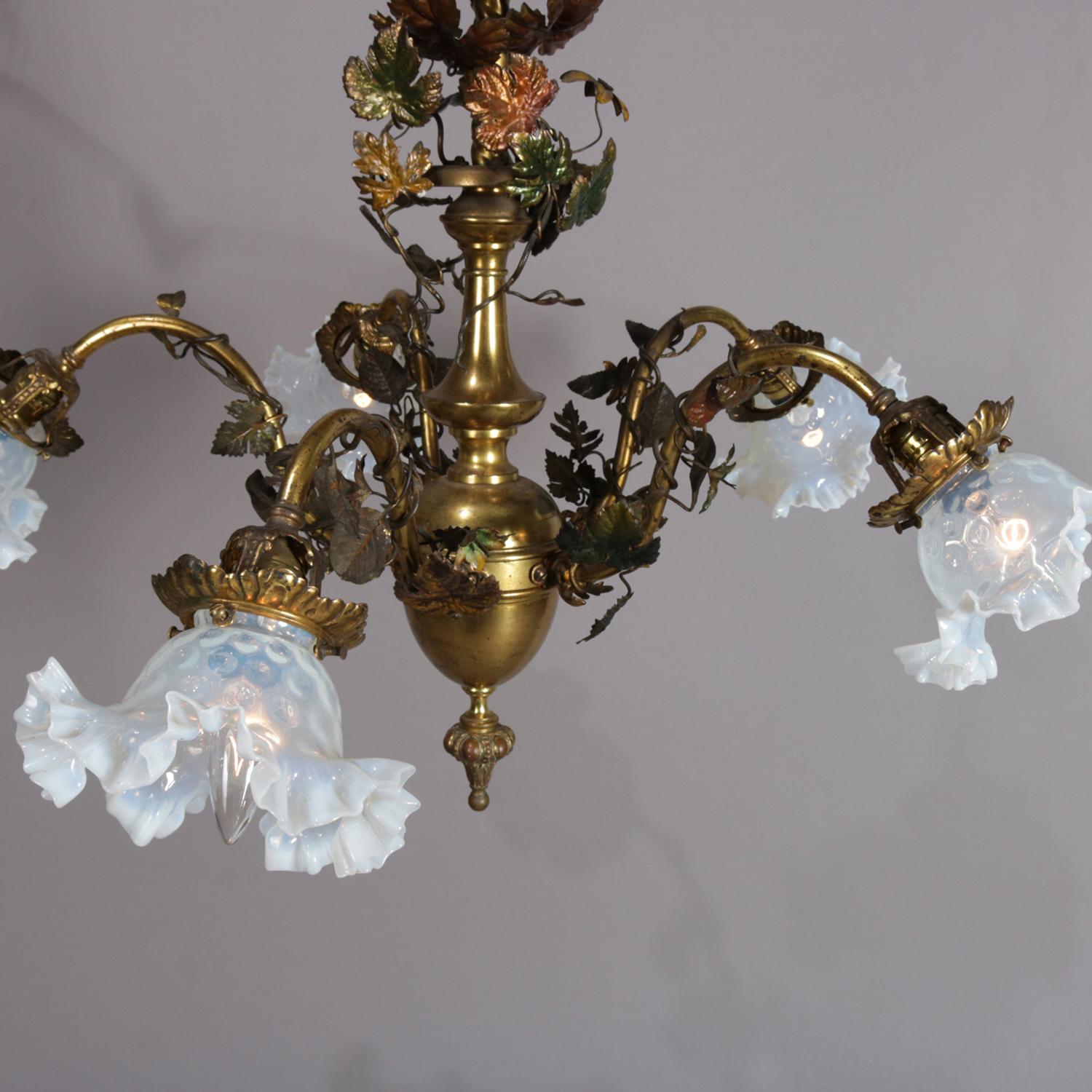 20th Century Victorian Bronze and Brass Foliate Form Chandelier with Opalescent Shades