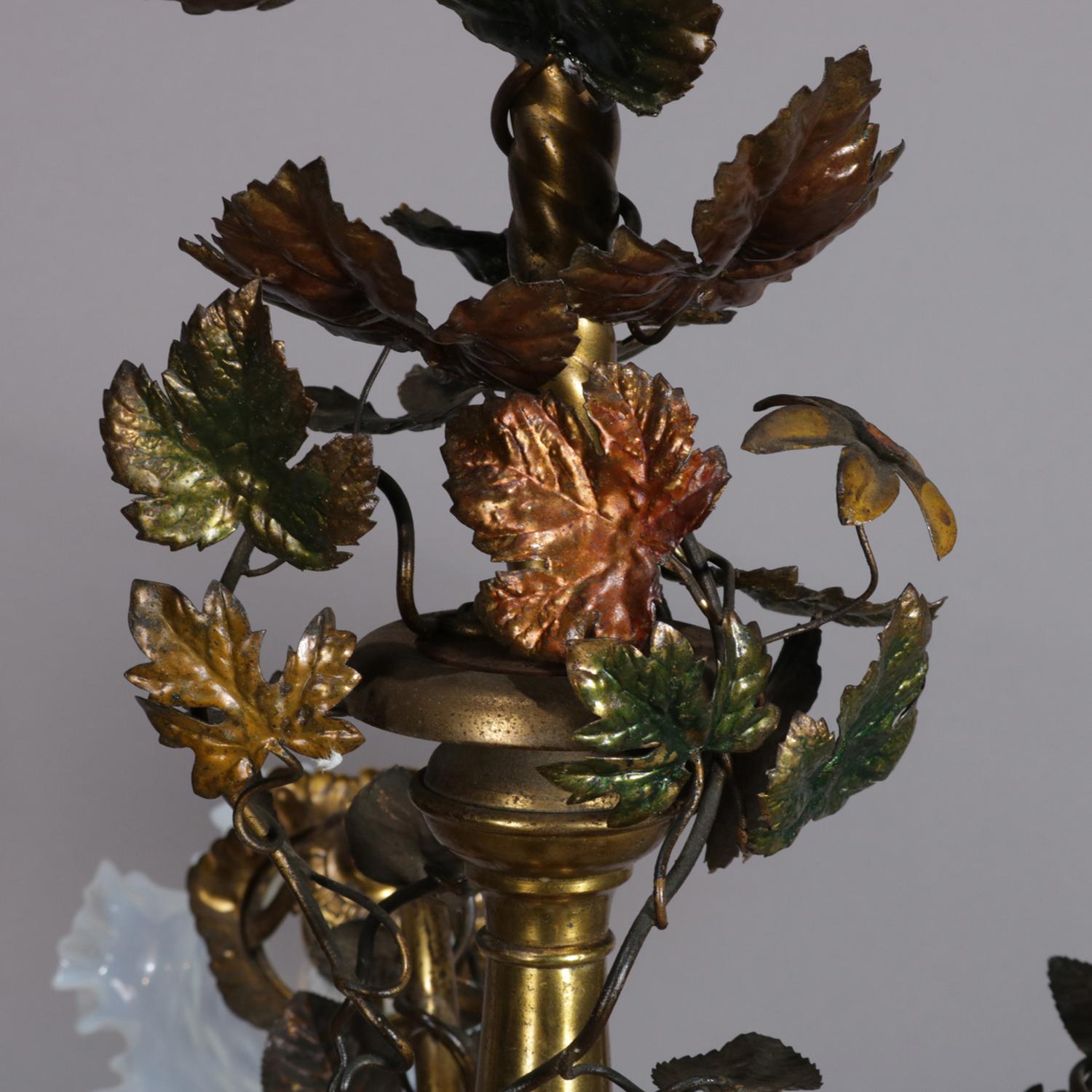 Victorian Bronze and Brass Foliate Form Chandelier with Opalescent Shades 1