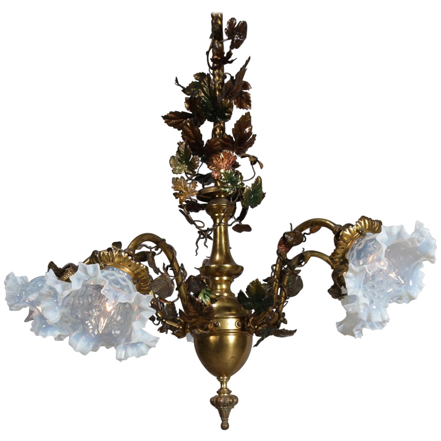 Victorian Bronze and Brass Foliate Form Chandelier with Opalescent Shades
