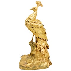Centre de table victorien sculpté de paon en bronze doré signé par LeSoudier