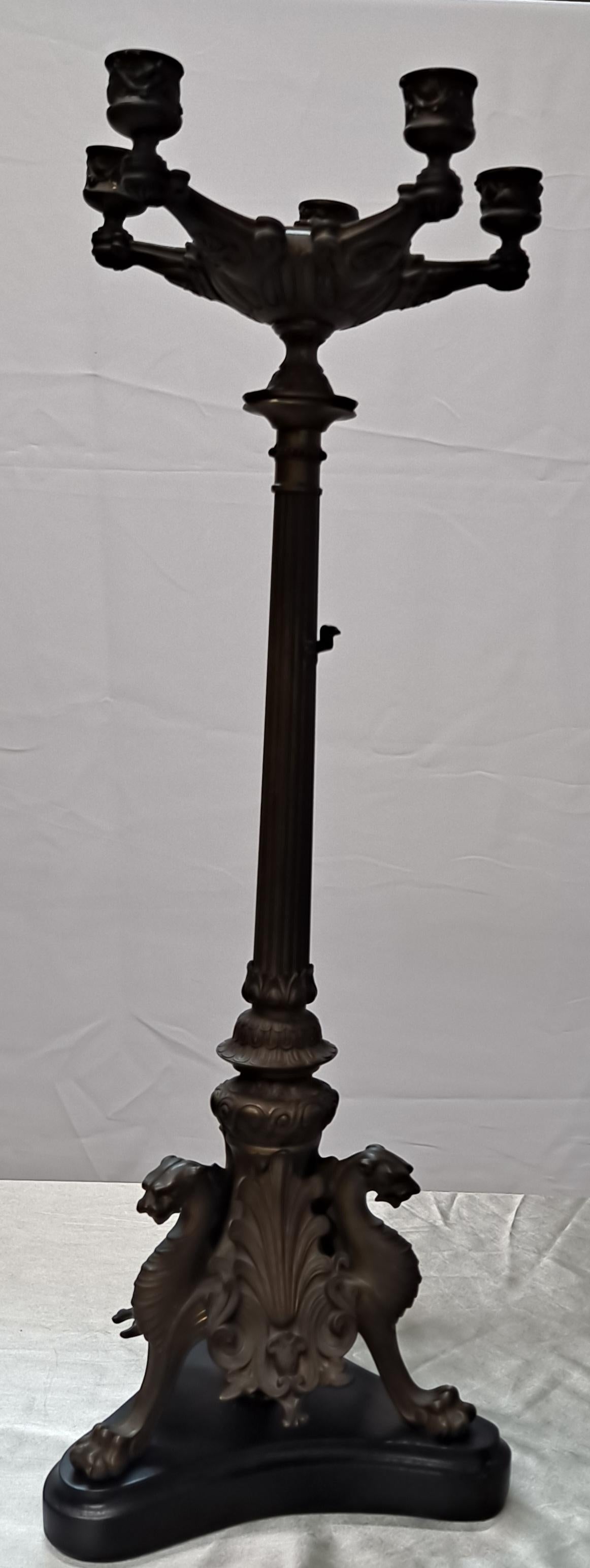 Victorian Bronze Five Arm Candelabra w/Gryphon Design Base For Sale 5