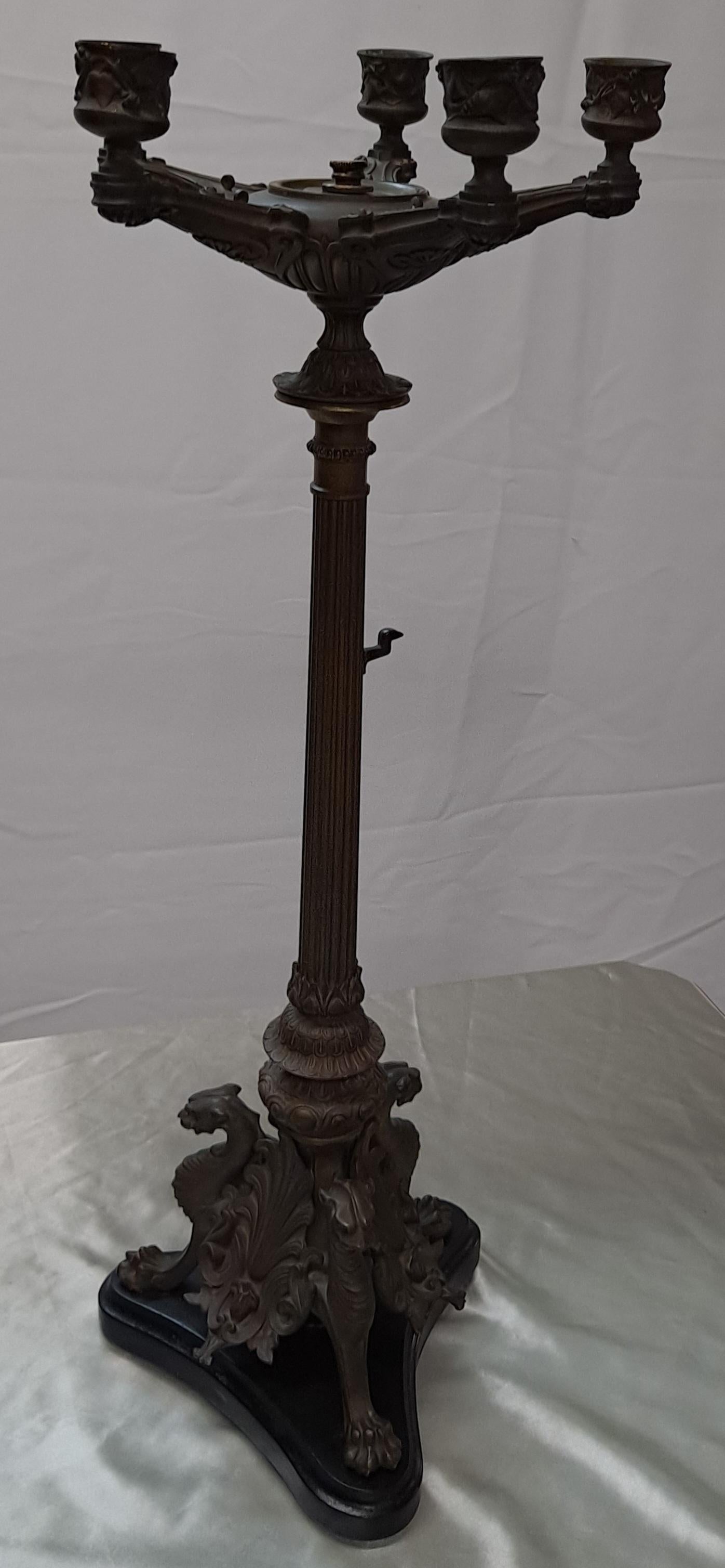 Victorian Bronze Five Arm Candelabra w/Gryphon Design Base In Good Condition For Sale In San Francisco, CA