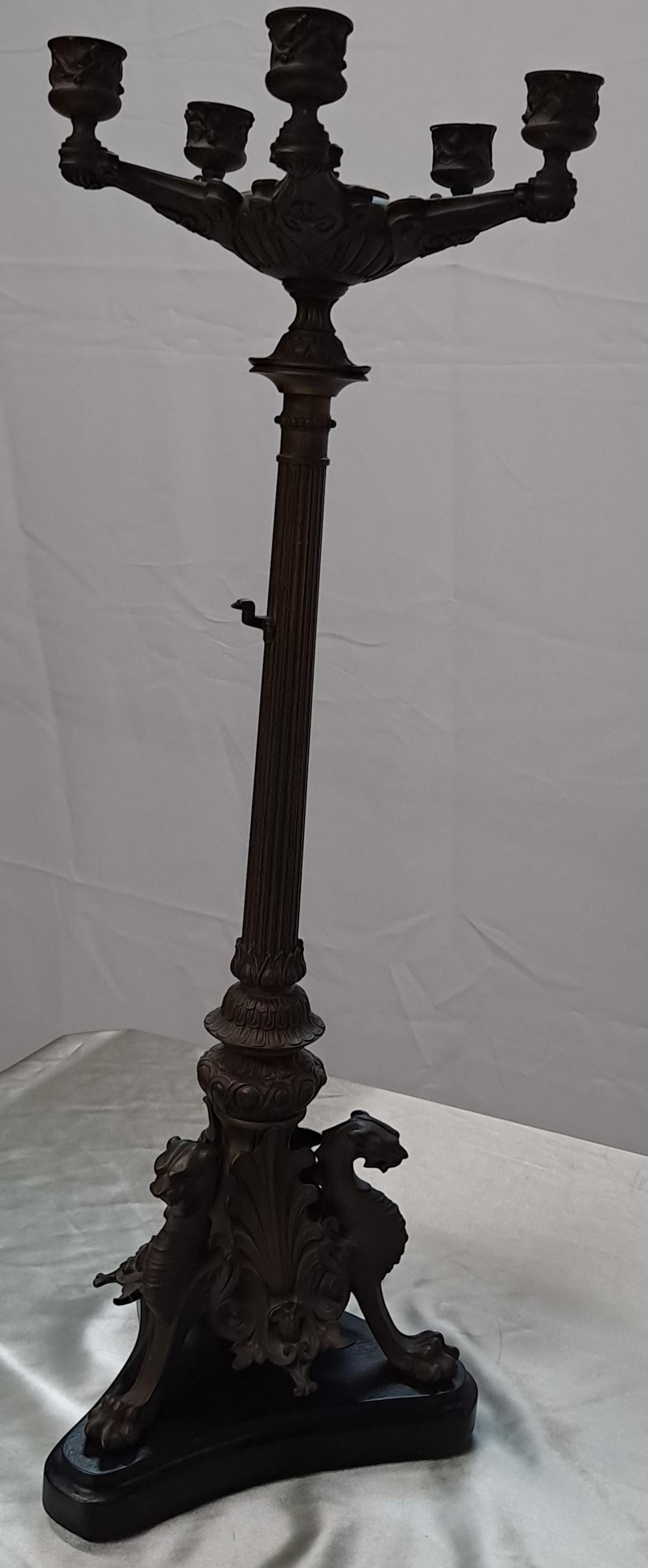 19th Century Victorian Bronze Five Arm Candelabra w/Gryphon Design Base For Sale