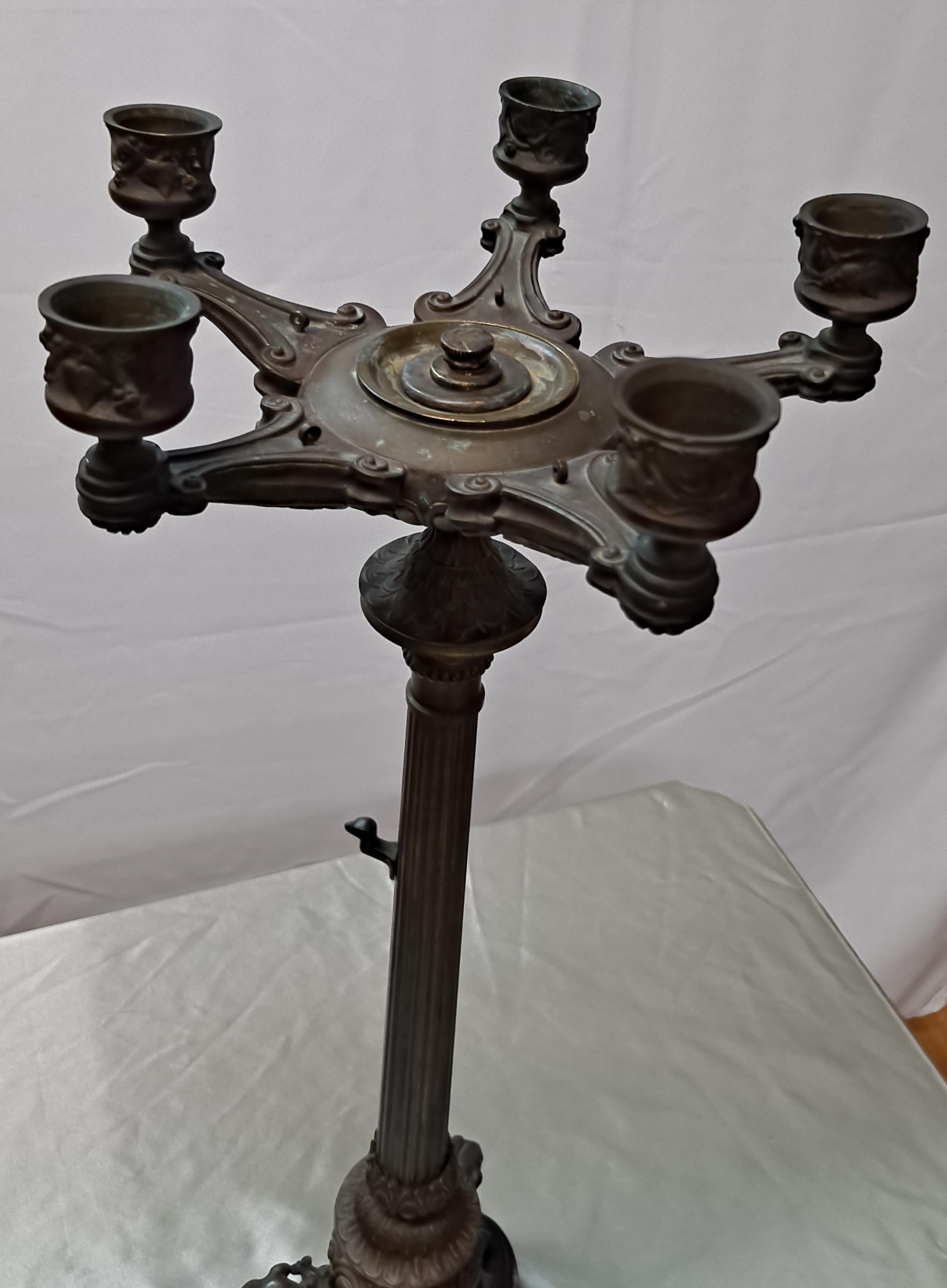 Victorian Bronze Five Arm Candelabra w/Gryphon Design Base For Sale 2