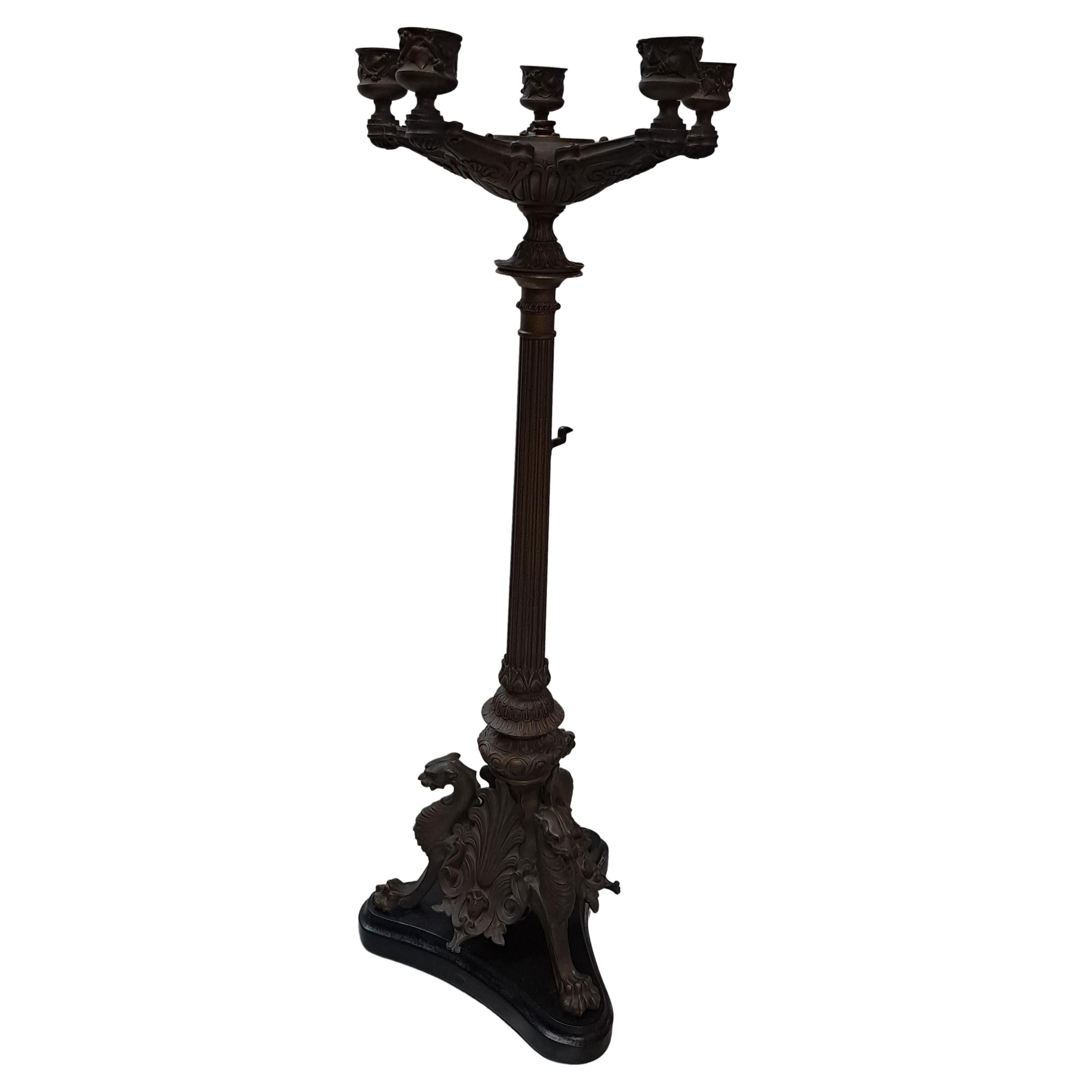 Victorian Bronze Five Arm Candelabra w/Gryphon Design Base For Sale