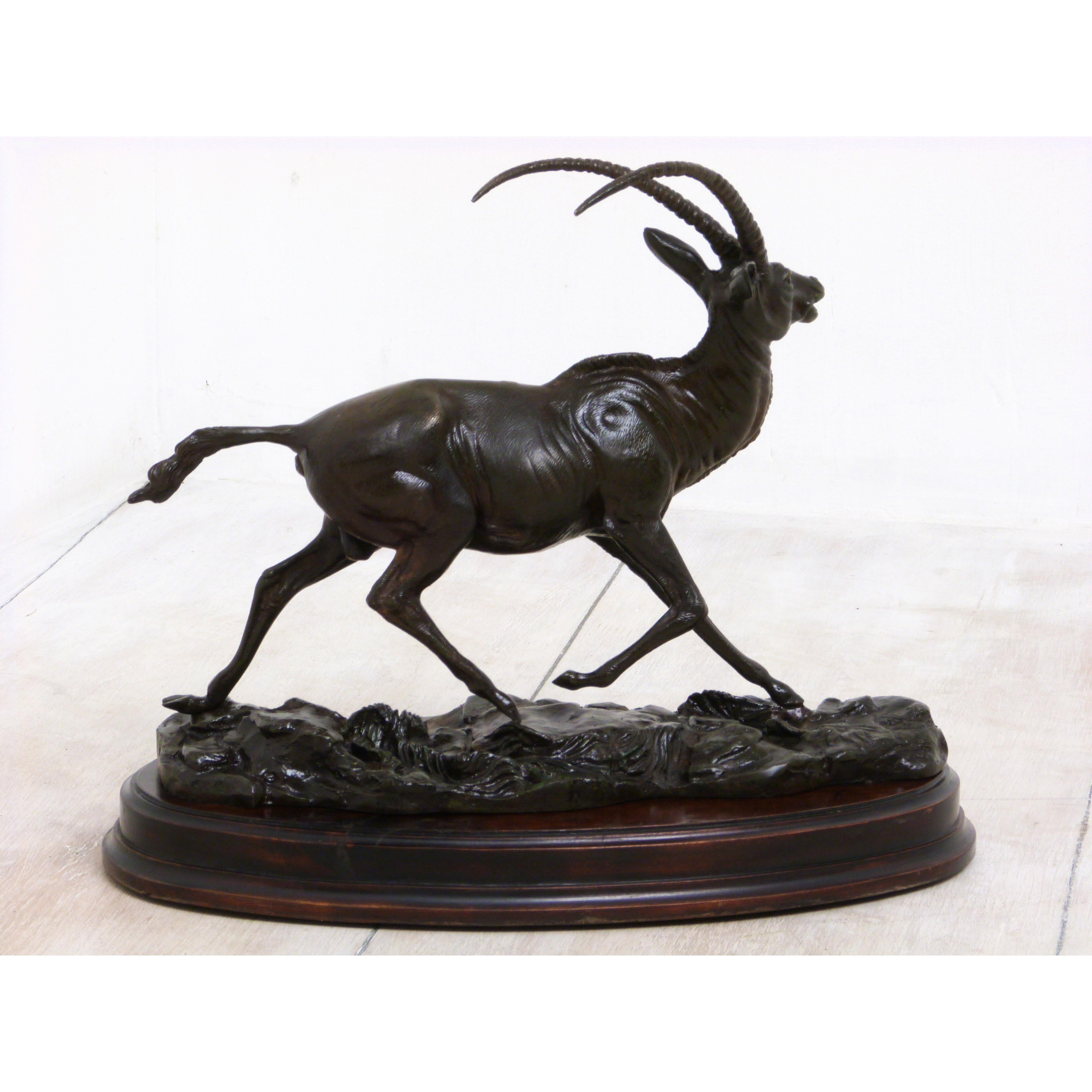 English Victorian Bronze Gazelle on Mahogany Base For Sale