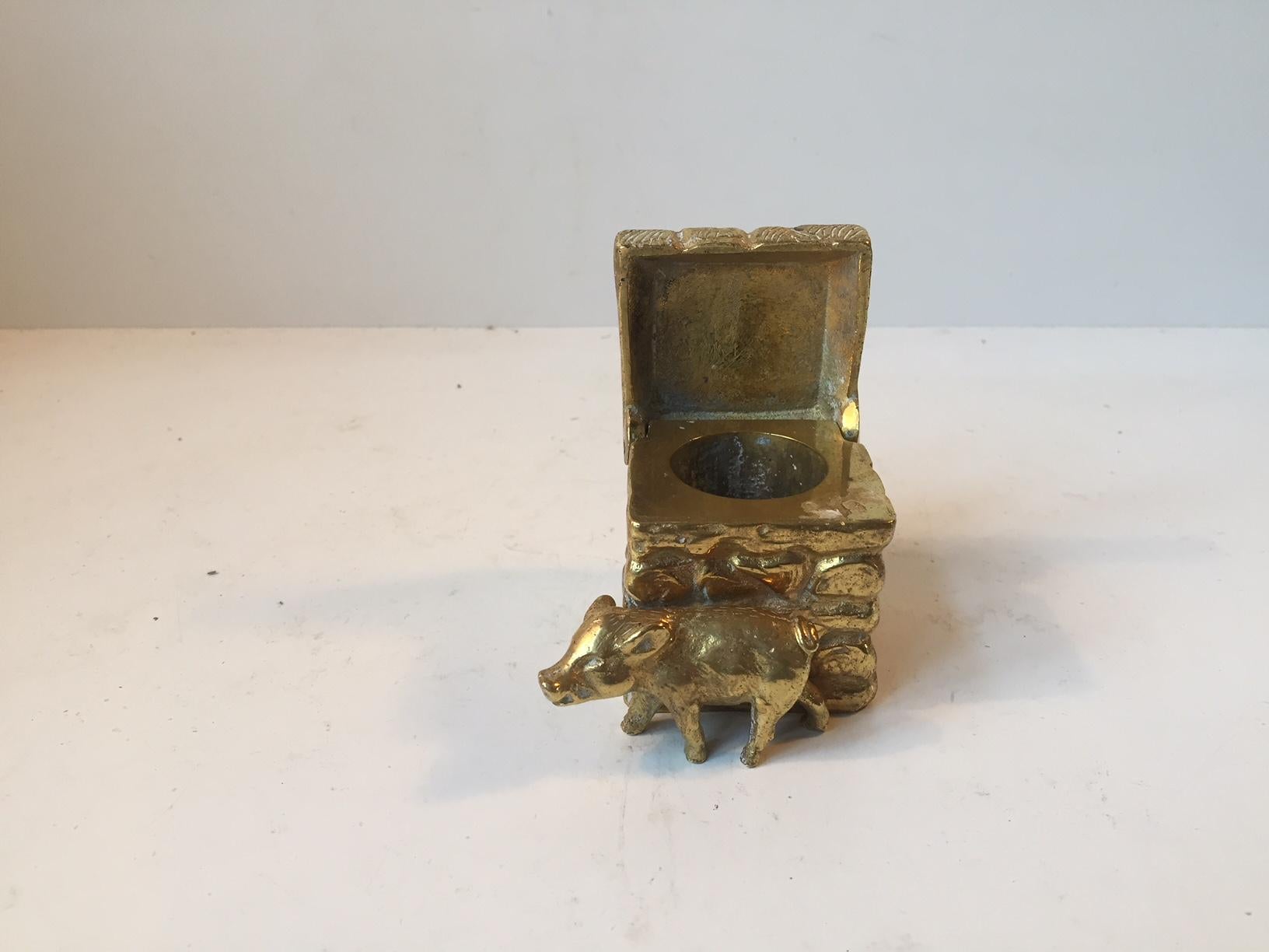 Late Victorian Antique Victorian Gilt Bronze Inkwell with Pig & Pigsty, 19th Cen., England