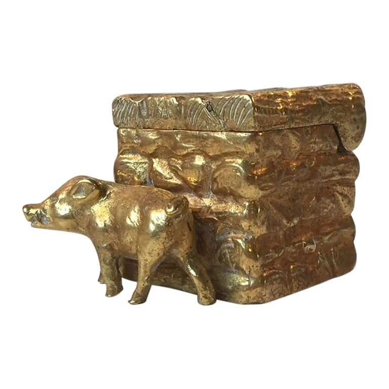 Antique Victorian Gilt Bronze Inkwell with Pig & Pigsty, 19th Cen., England