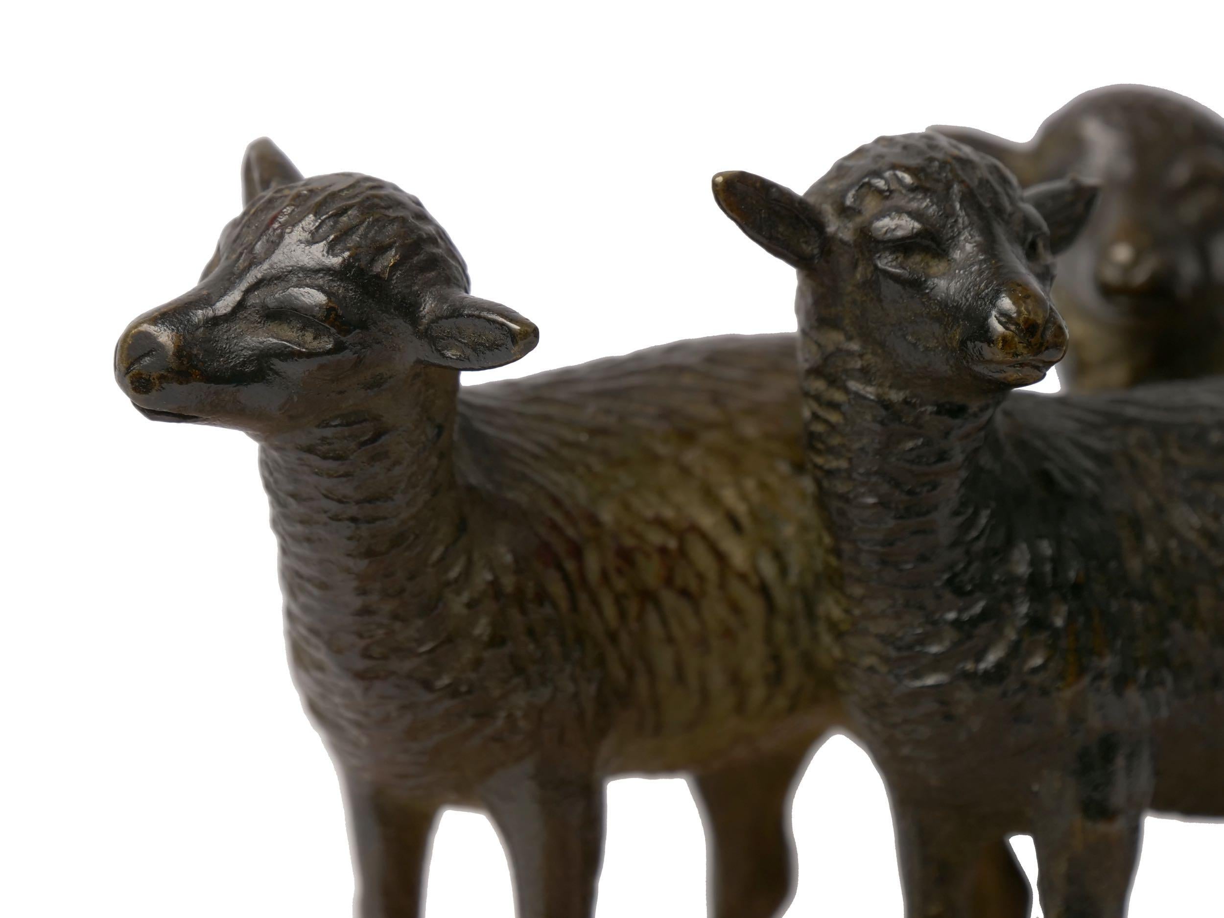 Victorian Bronze Sculpture of “Three Lambs” Paperweight over Rose Marble 4