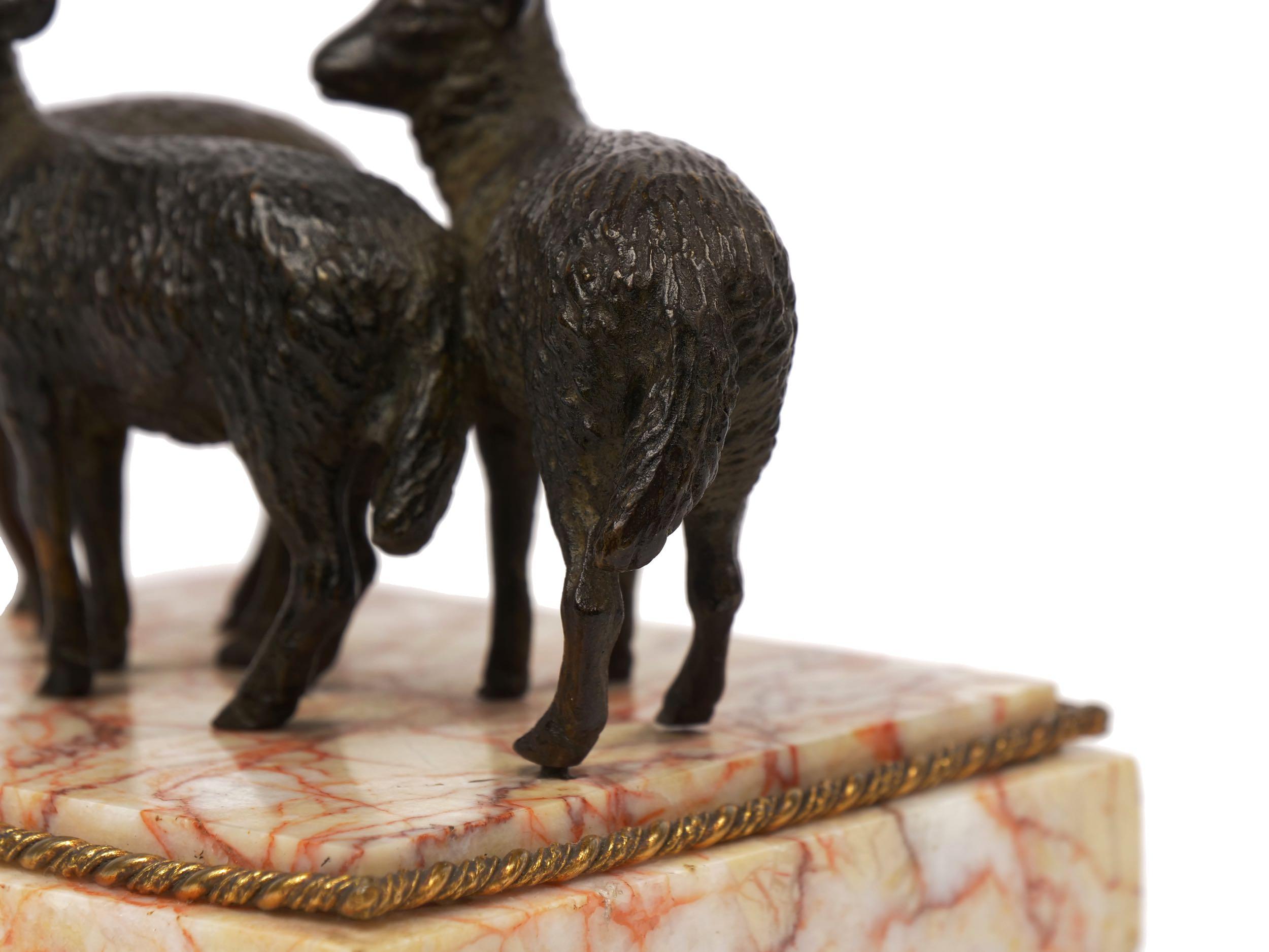 Victorian Bronze Sculpture of “Three Lambs” Paperweight over Rose Marble 8