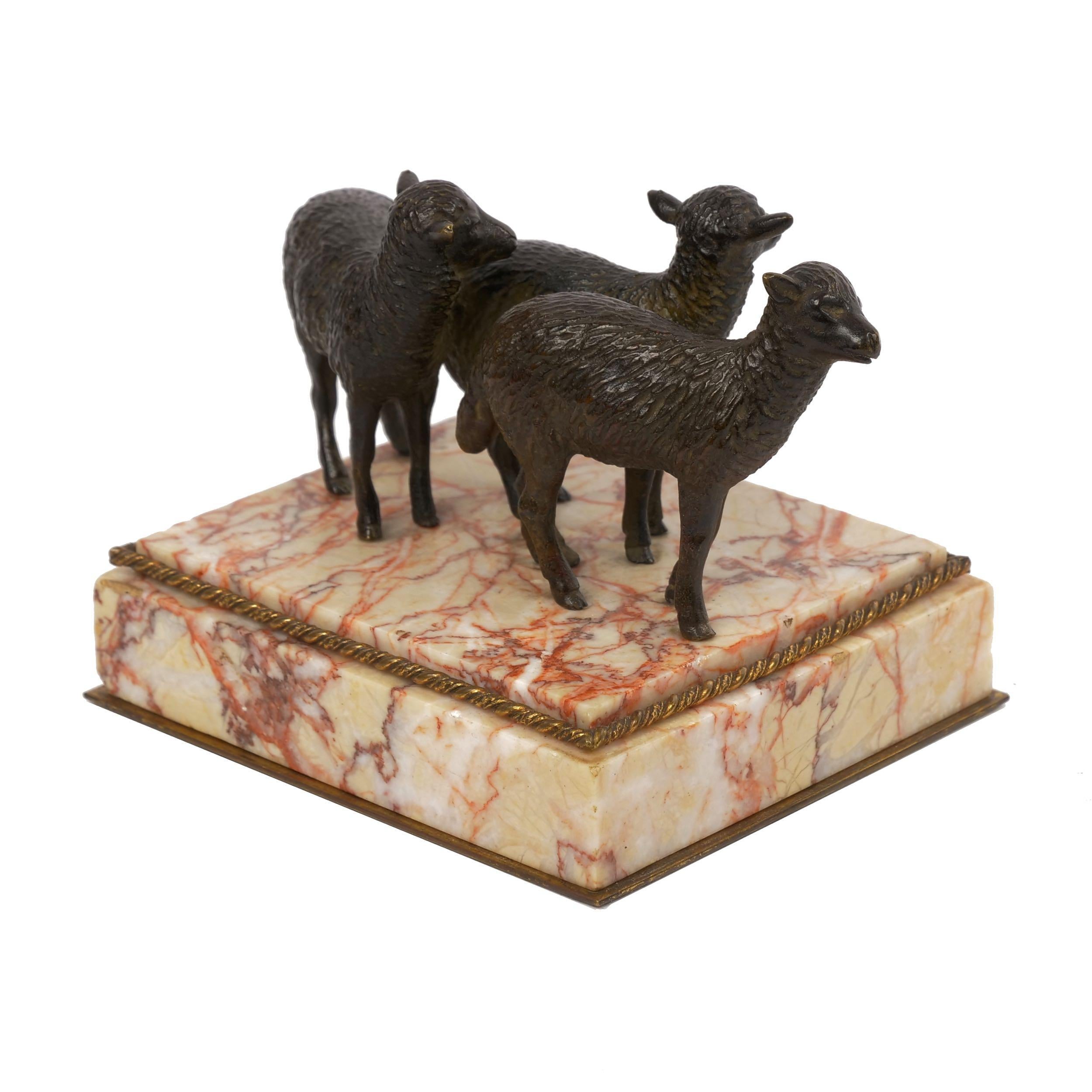 European Victorian Bronze Sculpture of “Three Lambs” Paperweight over Rose Marble