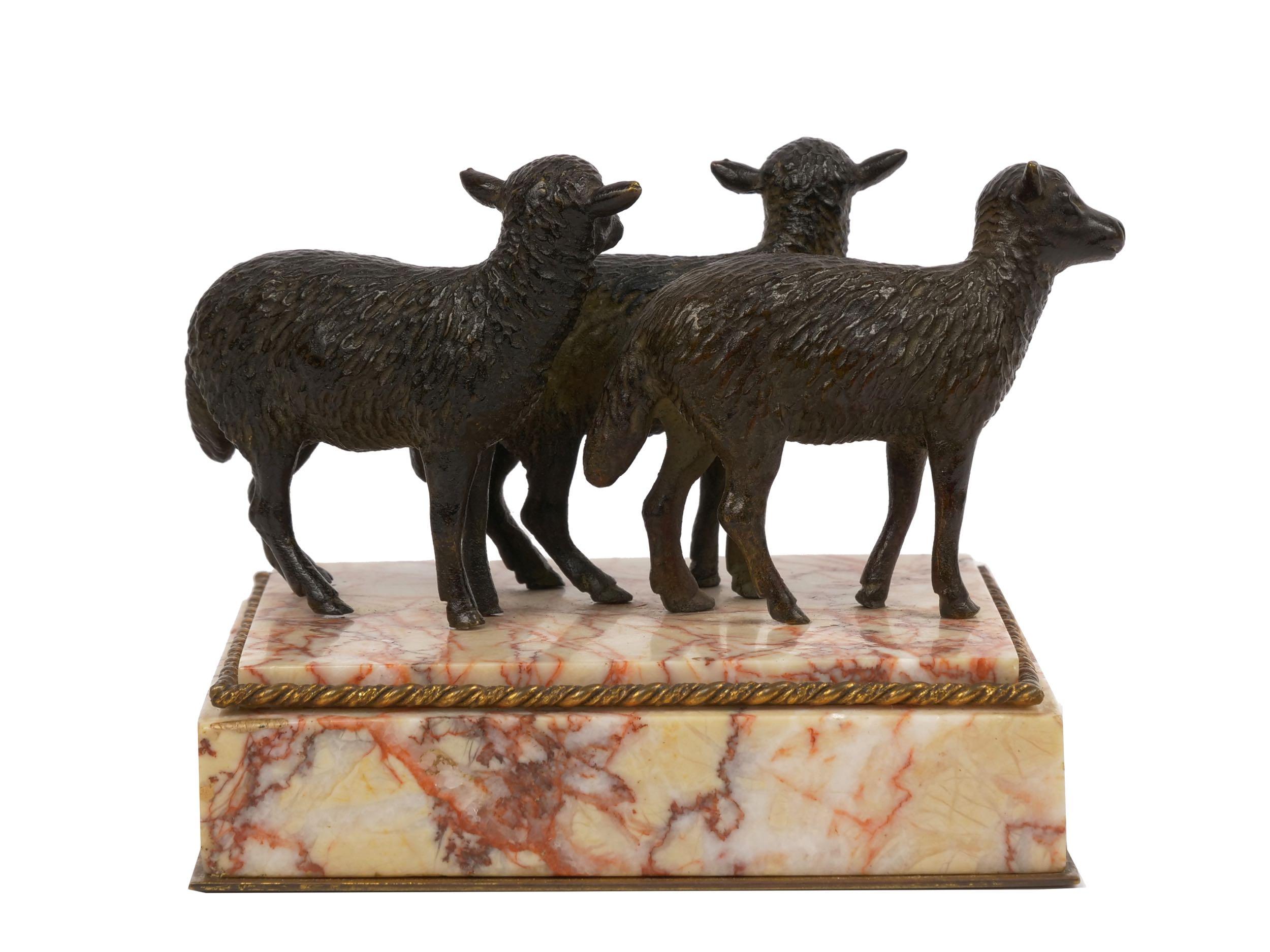 Victorian Bronze Sculpture of “Three Lambs” Paperweight over Rose Marble In Good Condition In Shippensburg, PA