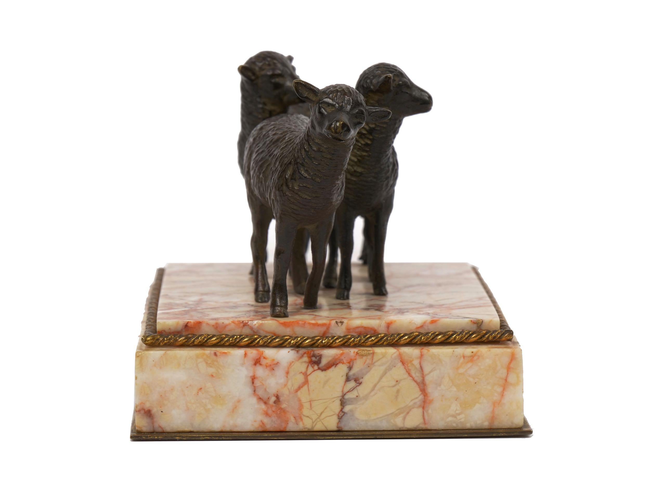 19th Century Victorian Bronze Sculpture of “Three Lambs” Paperweight over Rose Marble
