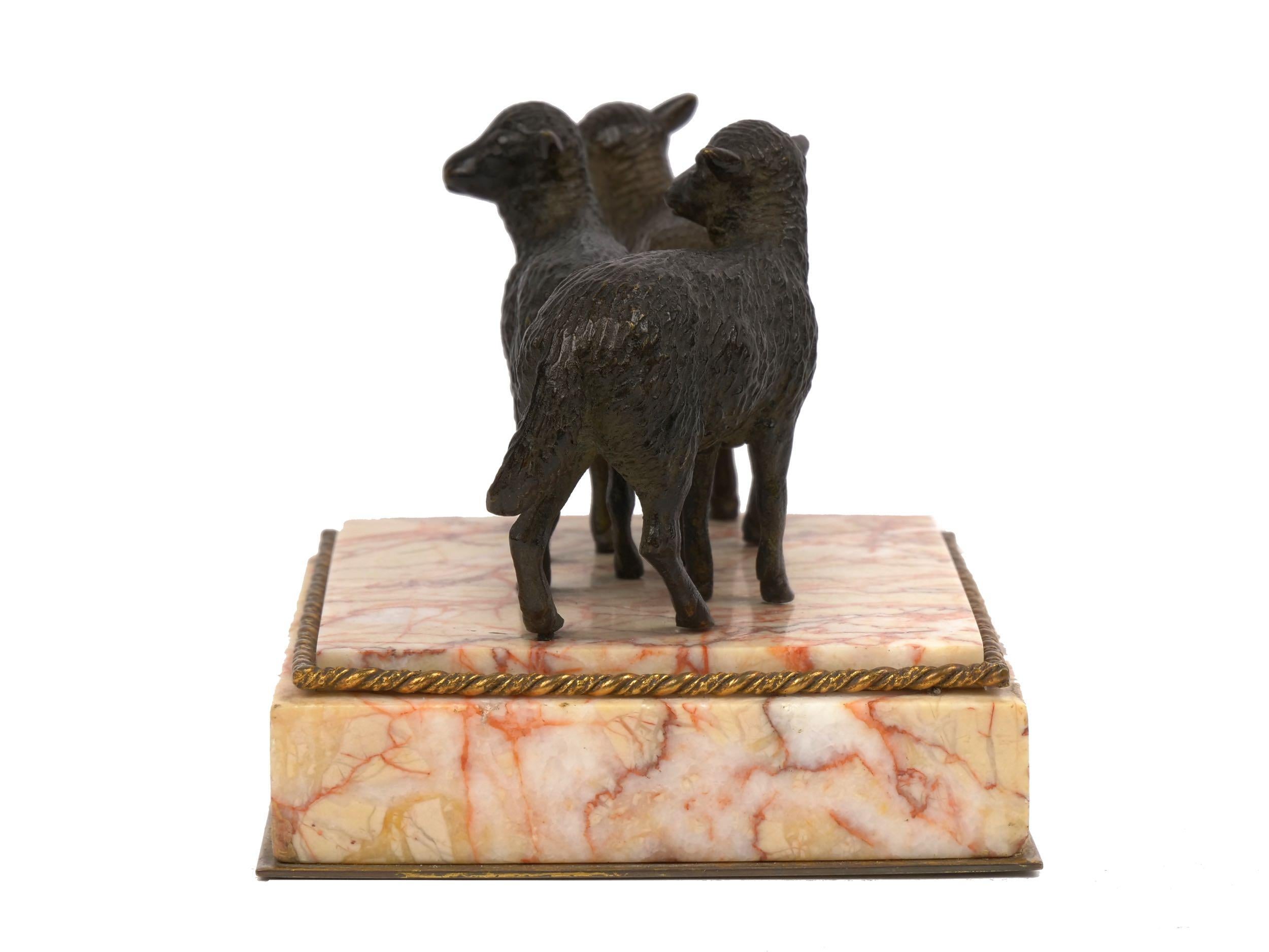 Brass Victorian Bronze Sculpture of “Three Lambs” Paperweight over Rose Marble