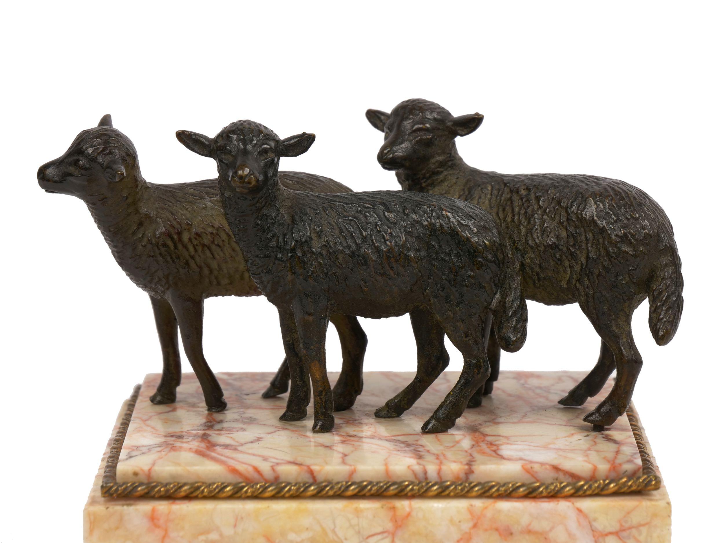 Victorian Bronze Sculpture of “Three Lambs” Paperweight over Rose Marble 2