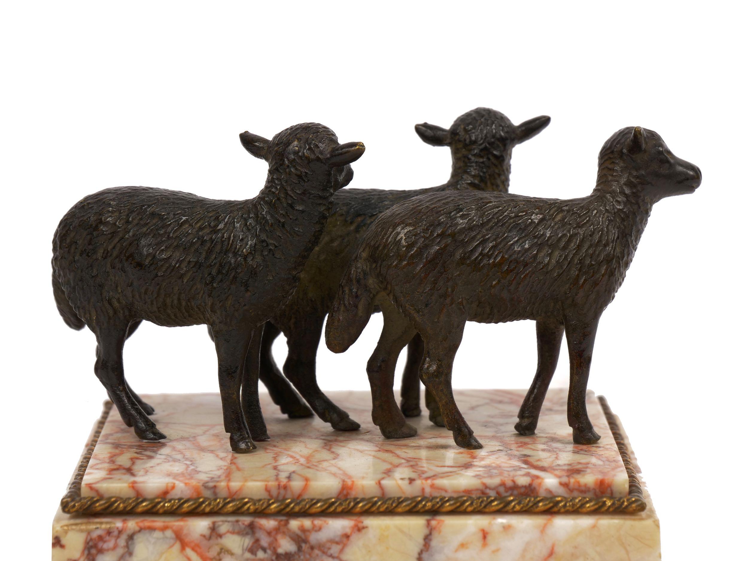 Victorian Bronze Sculpture of “Three Lambs” Paperweight over Rose Marble 3