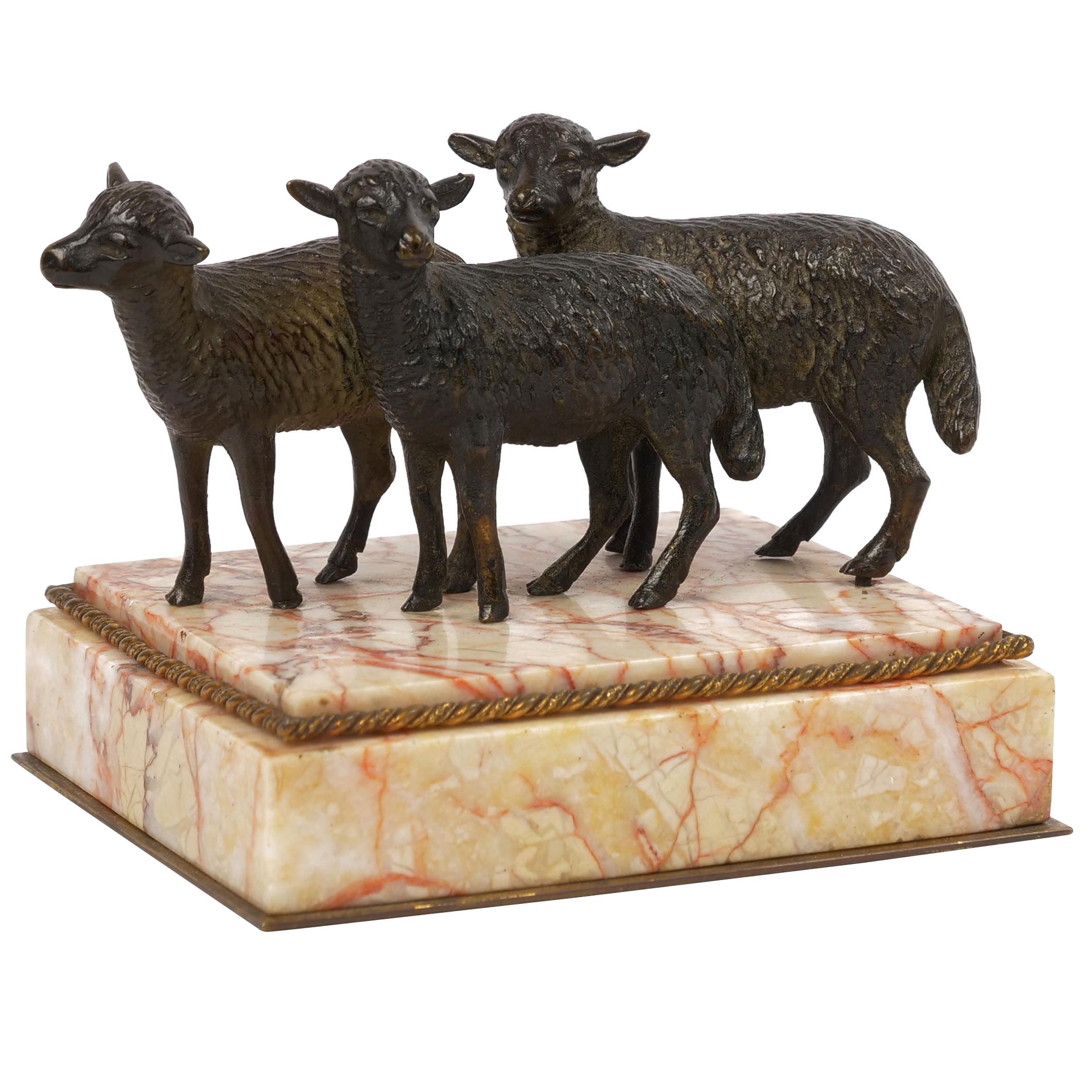 Victorian Bronze Sculpture of “Three Lambs” Paperweight over Rose Marble