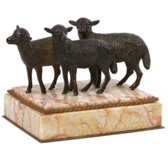 Victorian Bronze Sculpture of “Three Lambs” Paperweight over Rose Marble