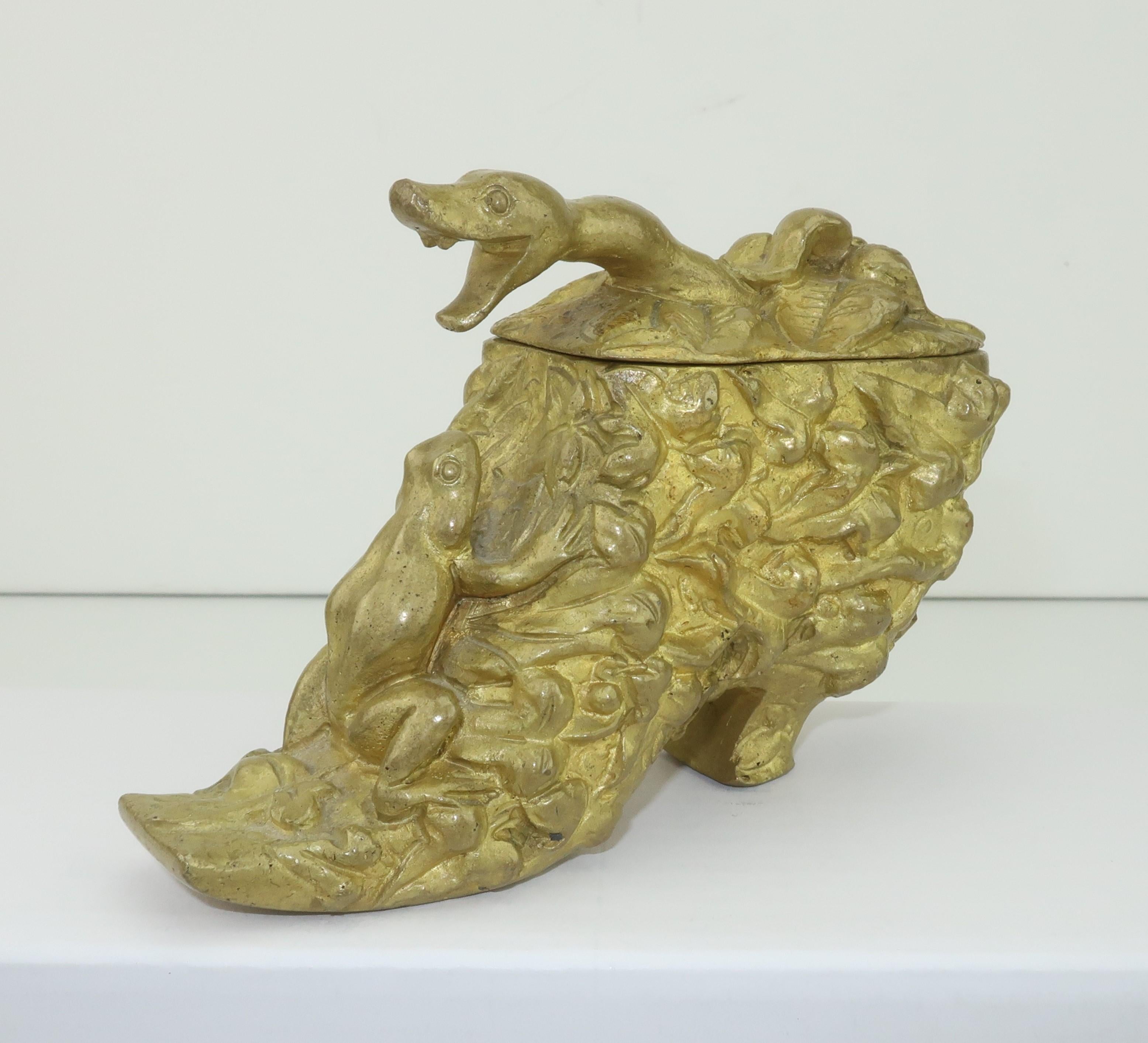 Victorian Bronze Shoe Sculpture Box With Snake & Frog 5