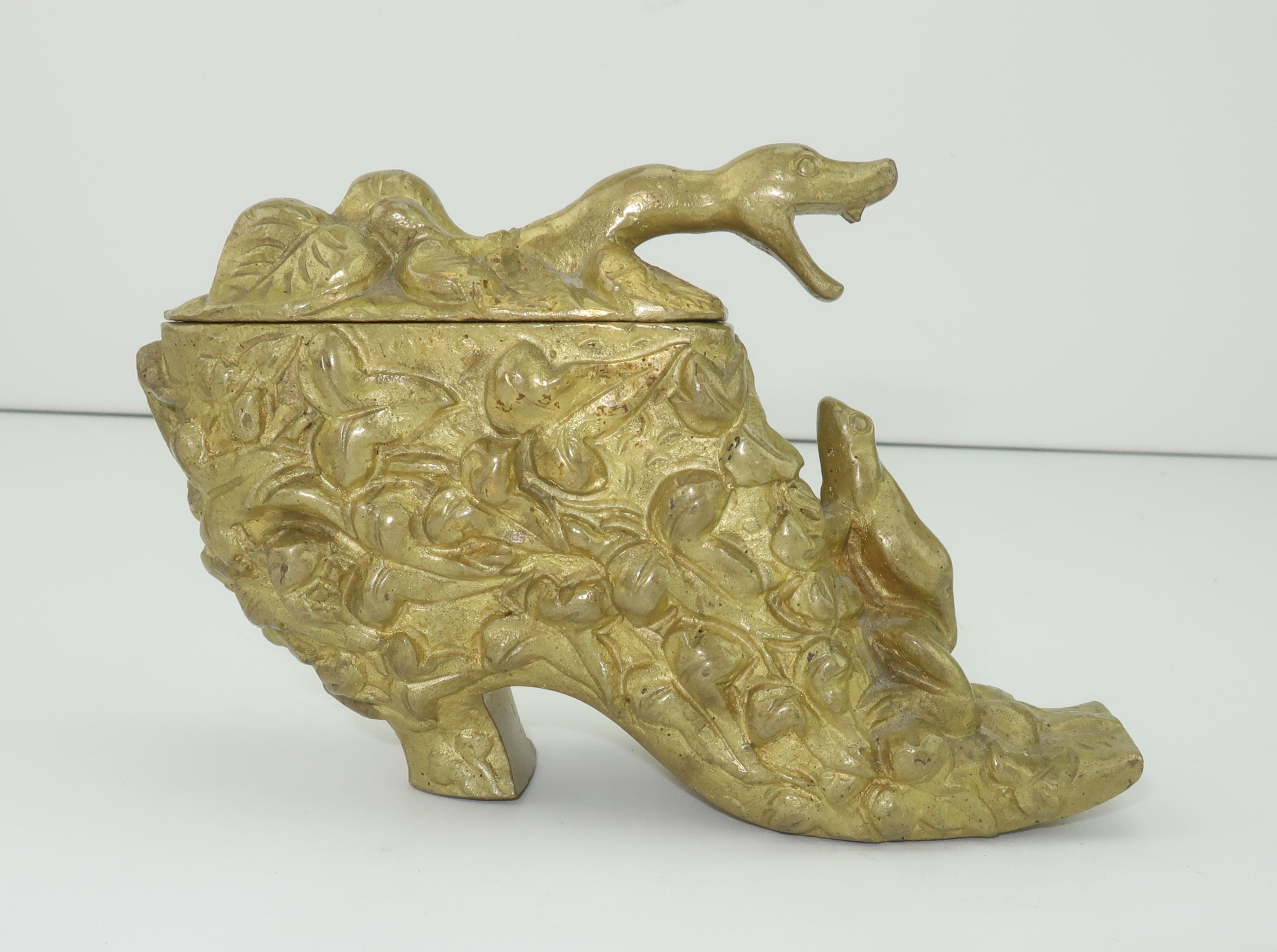 Brown Victorian Bronze Shoe Sculpture Box With Snake & Frog