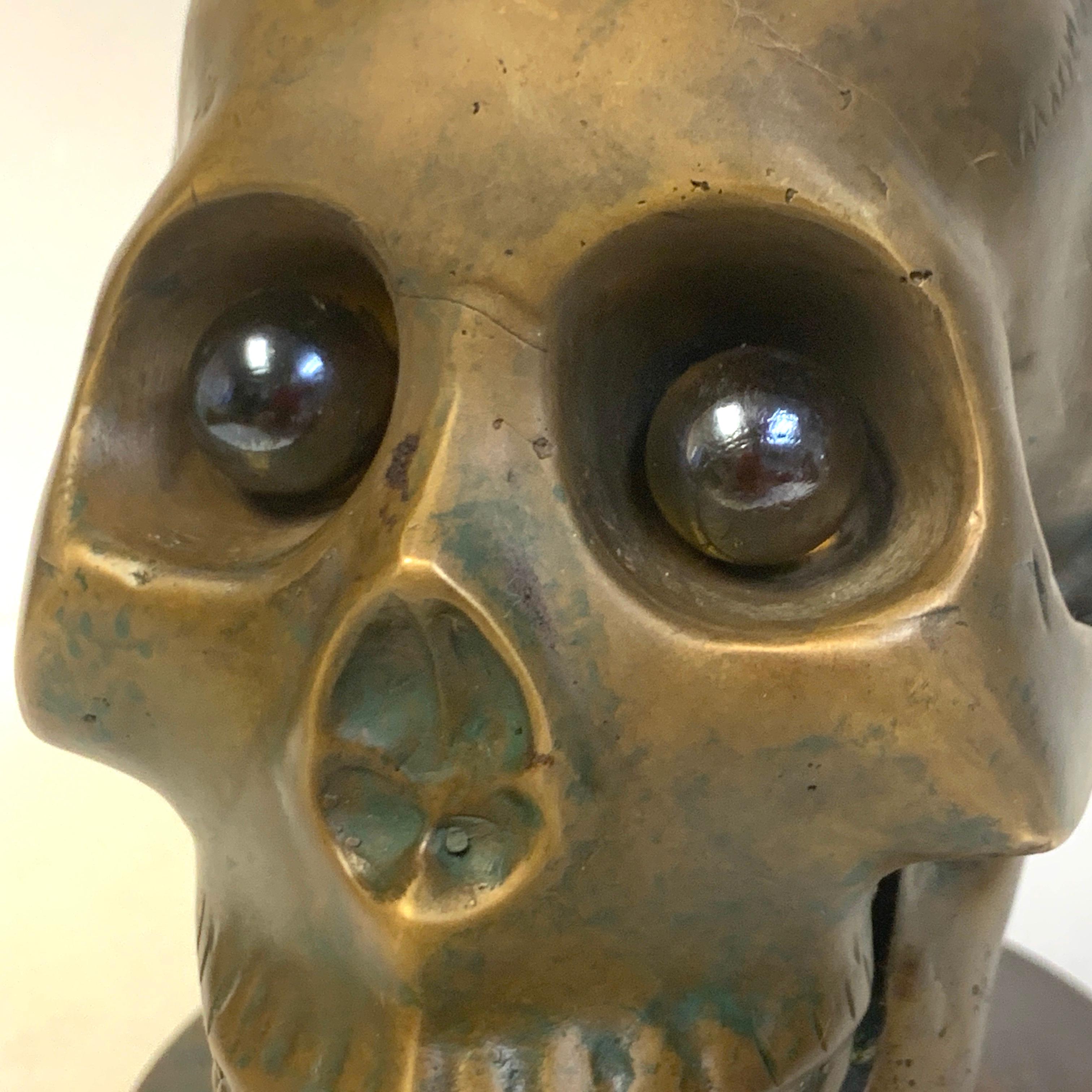 Patinated Victorian Bronze Skull with Glass Eyes, by S.W. Farber, New York