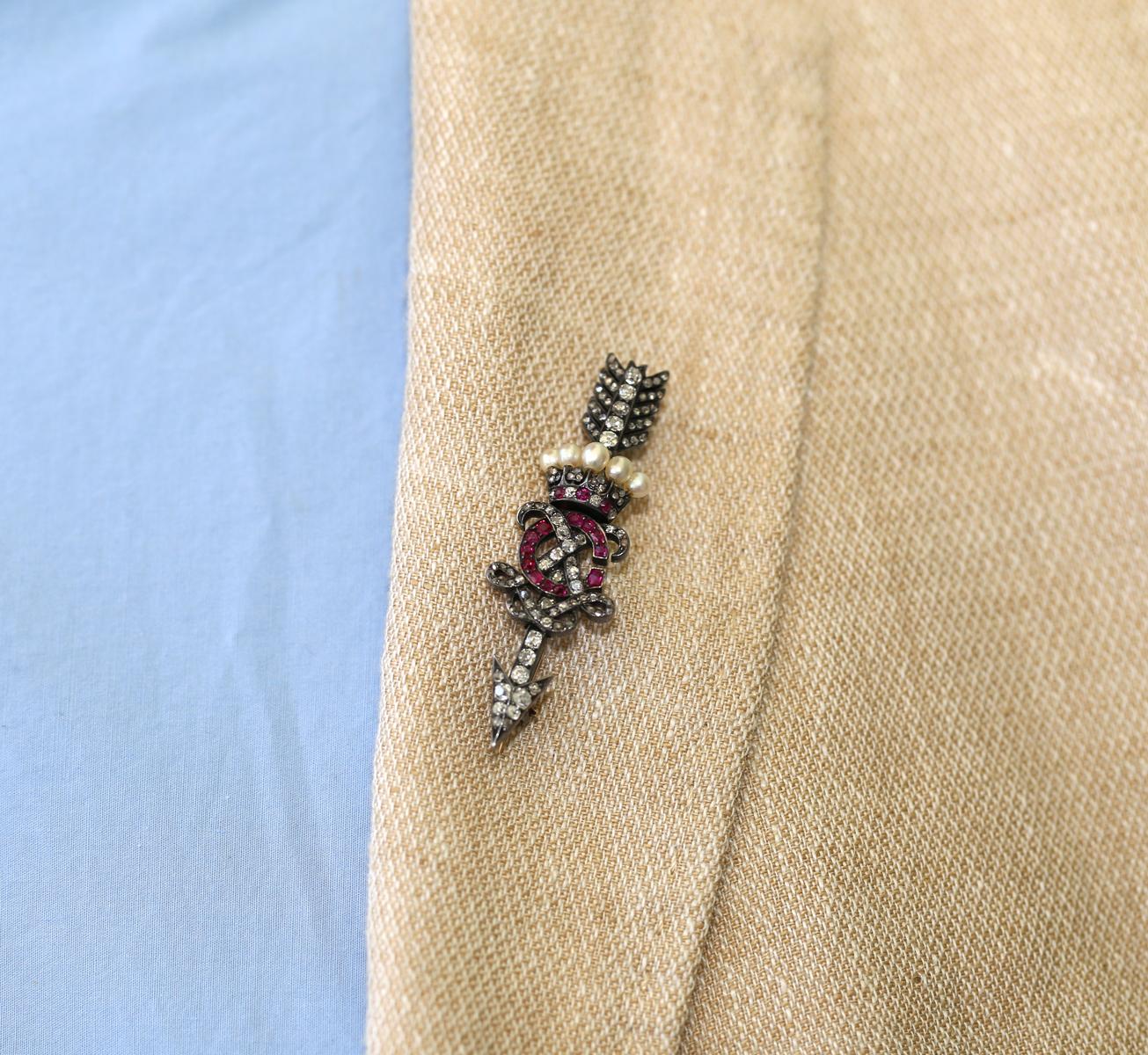 Victorian Brooch Arrow Crown Rubies Diamonds Pearls Gold Letters C X, 1900 For Sale 5