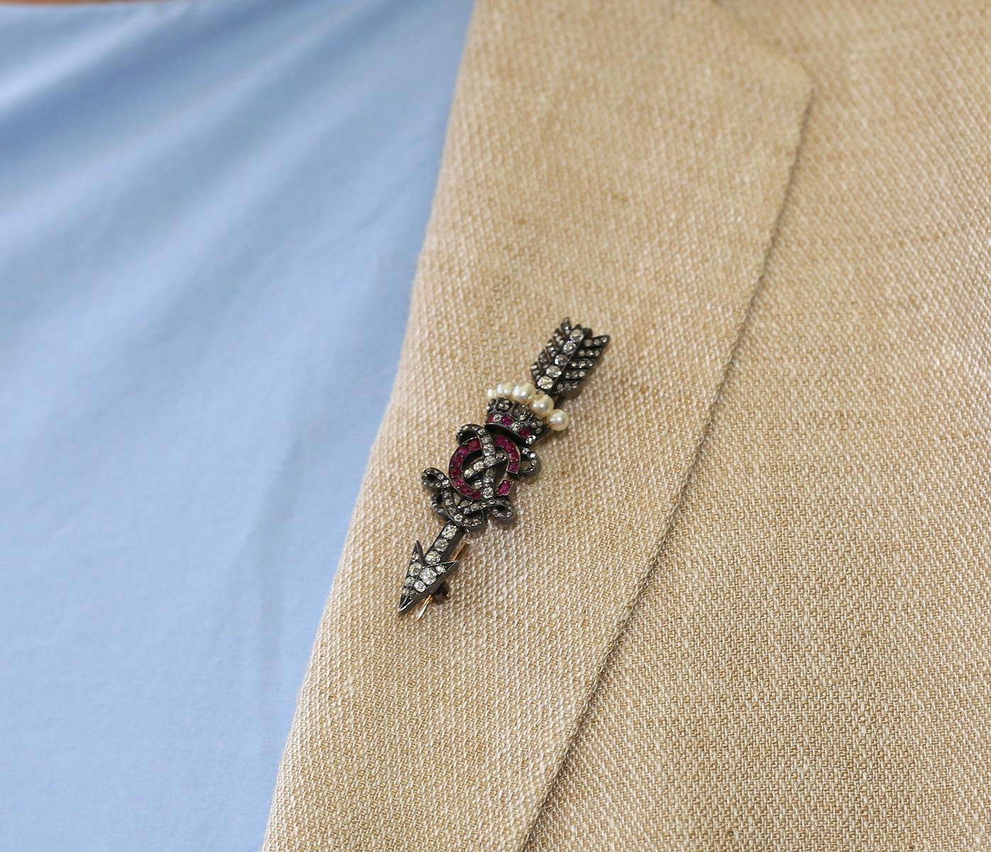 Victorian Brooch Arrow Crown Rubies Diamonds Pearls Gold Letters C X, 1900 For Sale 7