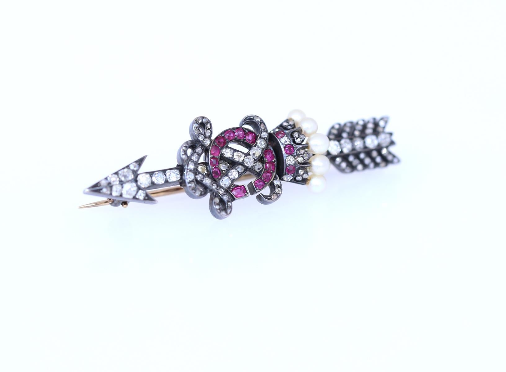 Victorian Brooch Arrow Crown Rubies Diamonds Pearls Gold Letters C X, 1900 For Sale 1